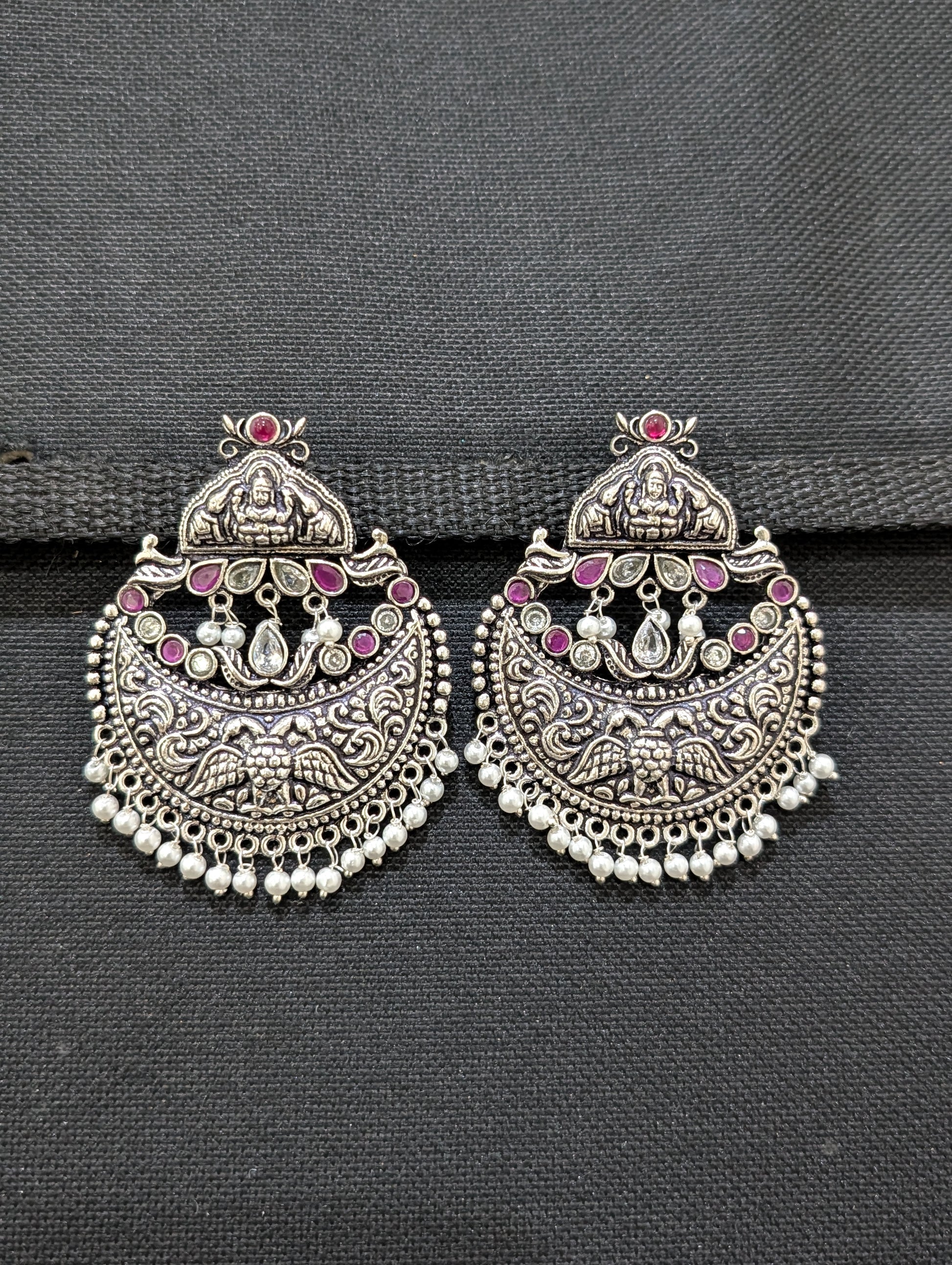 XL Size Goddess Lakshmi Chandbali Oxidized Silver Earrings - Simpliful