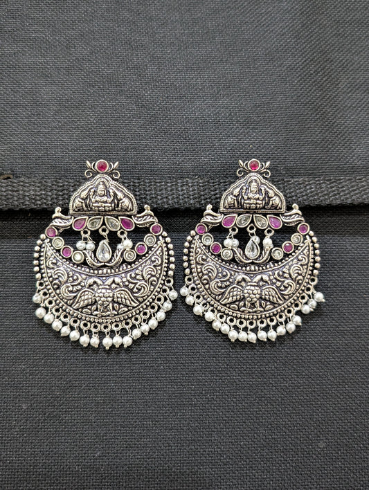 XL Size Goddess Lakshmi Chandbali Oxidized Silver Earrings - Simpliful