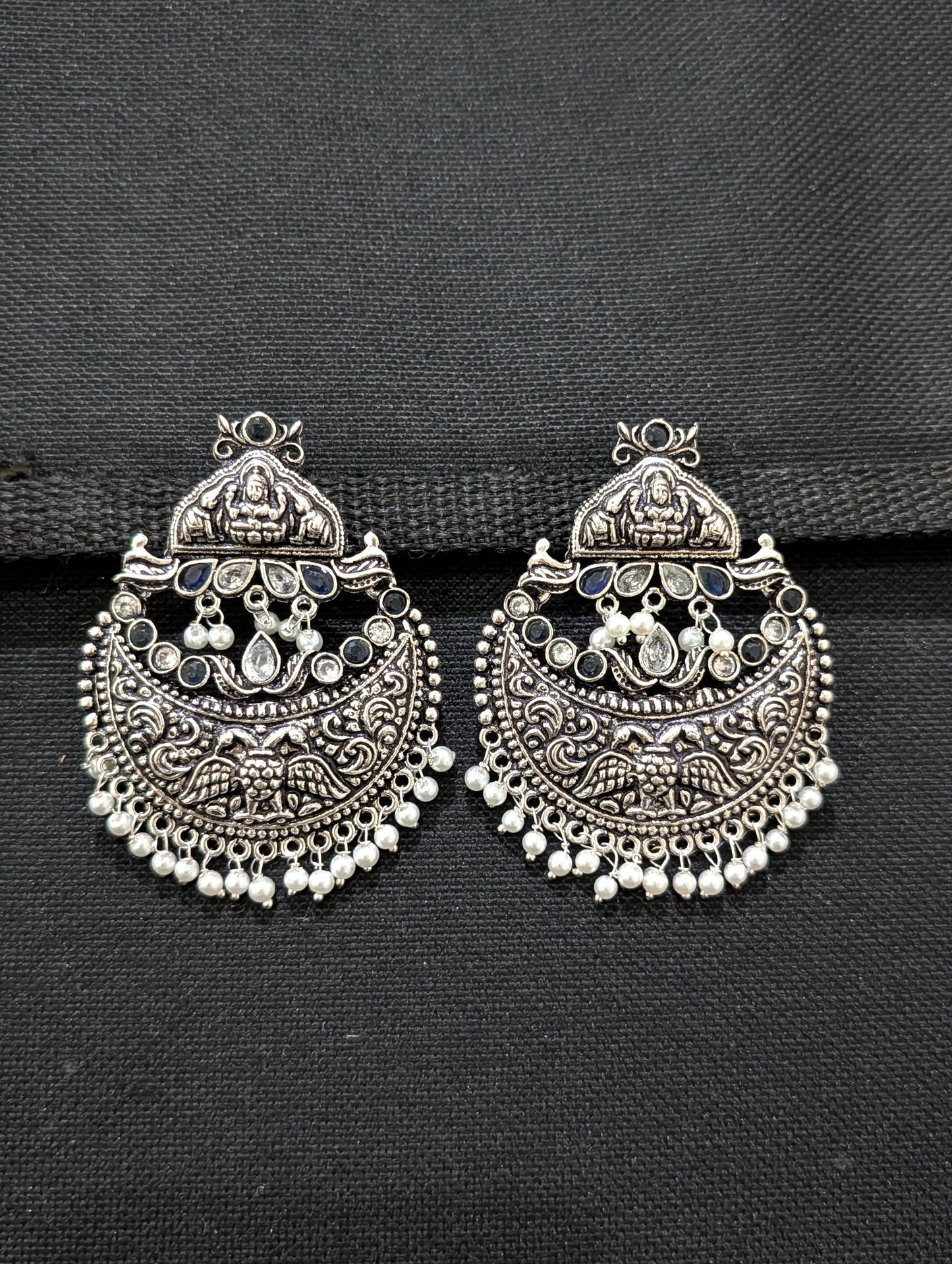 XL Size Goddess Lakshmi Chandbali Oxidized Silver Earrings - Simpliful
