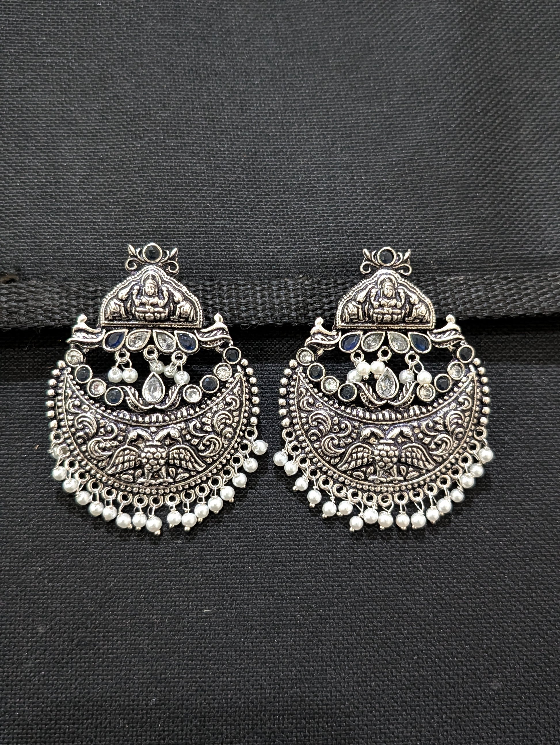 XL Size Goddess Lakshmi Chandbali Oxidized Silver Earrings - Simpliful