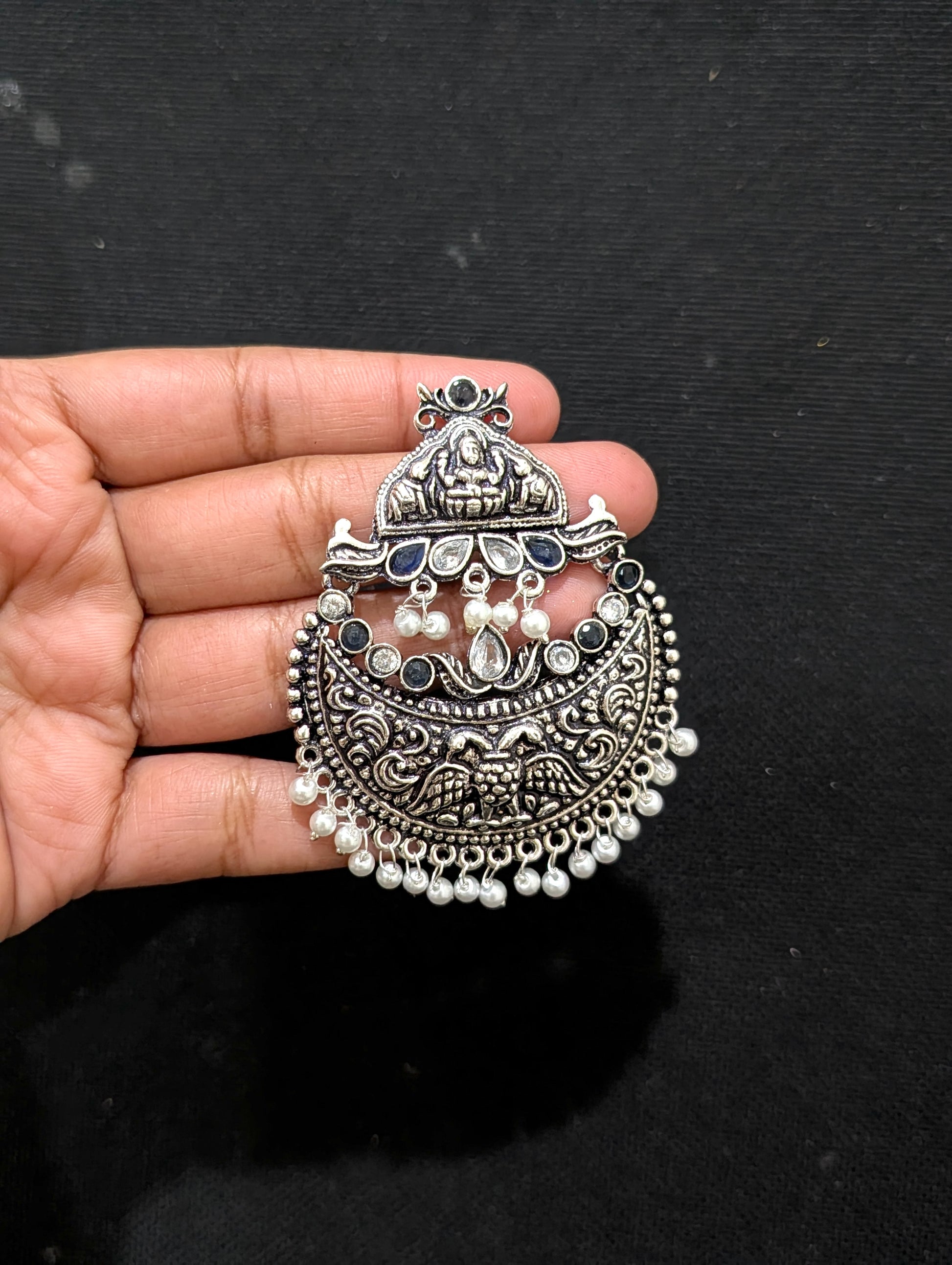 XL Size Goddess Lakshmi Chandbali Oxidized Silver Earrings - Simpliful