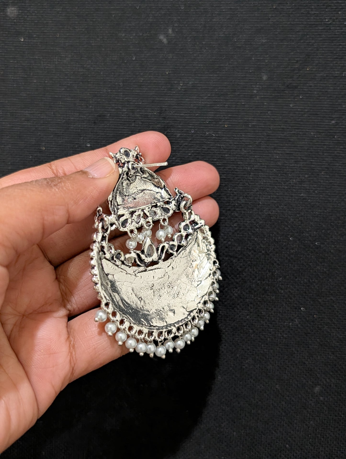 XL Size Goddess Lakshmi Chandbali Oxidized Silver Earrings - Simpliful