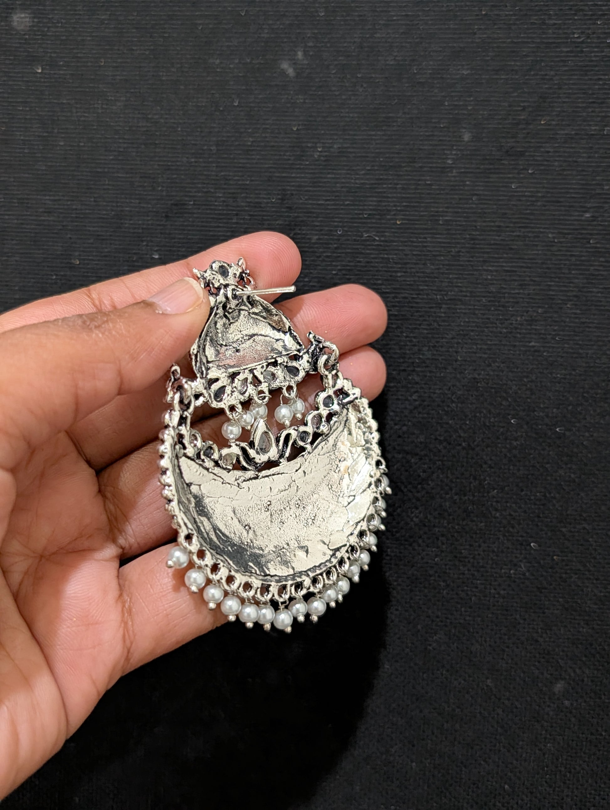 XL Size Goddess Lakshmi Chandbali Oxidized Silver Earrings - Simpliful