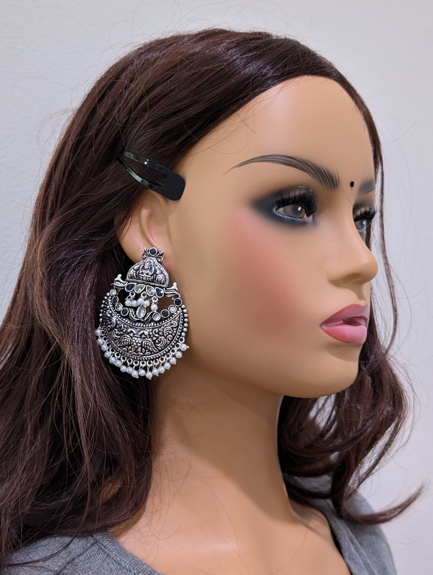 XL Size Goddess Lakshmi Chandbali Oxidized Silver Earrings - Simpliful