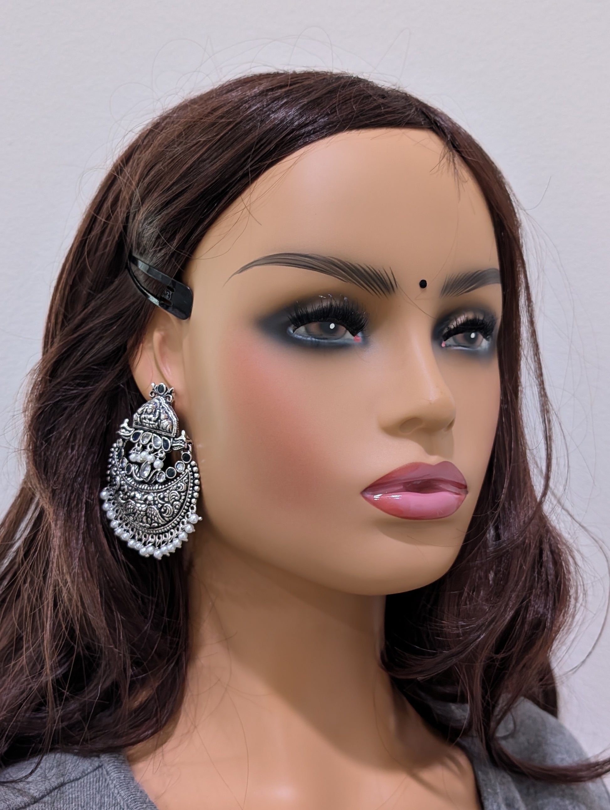 XL Size Goddess Lakshmi Chandbali Oxidized Silver Earrings - Simpliful
