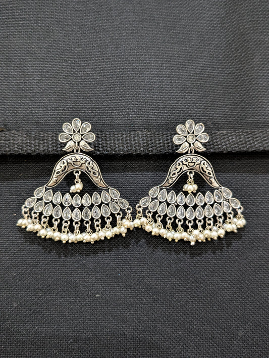Pearl cluster bead hanging polki stone design silver oxidized earring - Simpliful