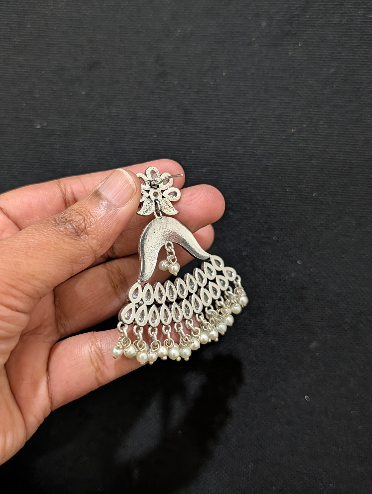 Pearl cluster bead hanging polki stone design silver oxidized earring - Simpliful