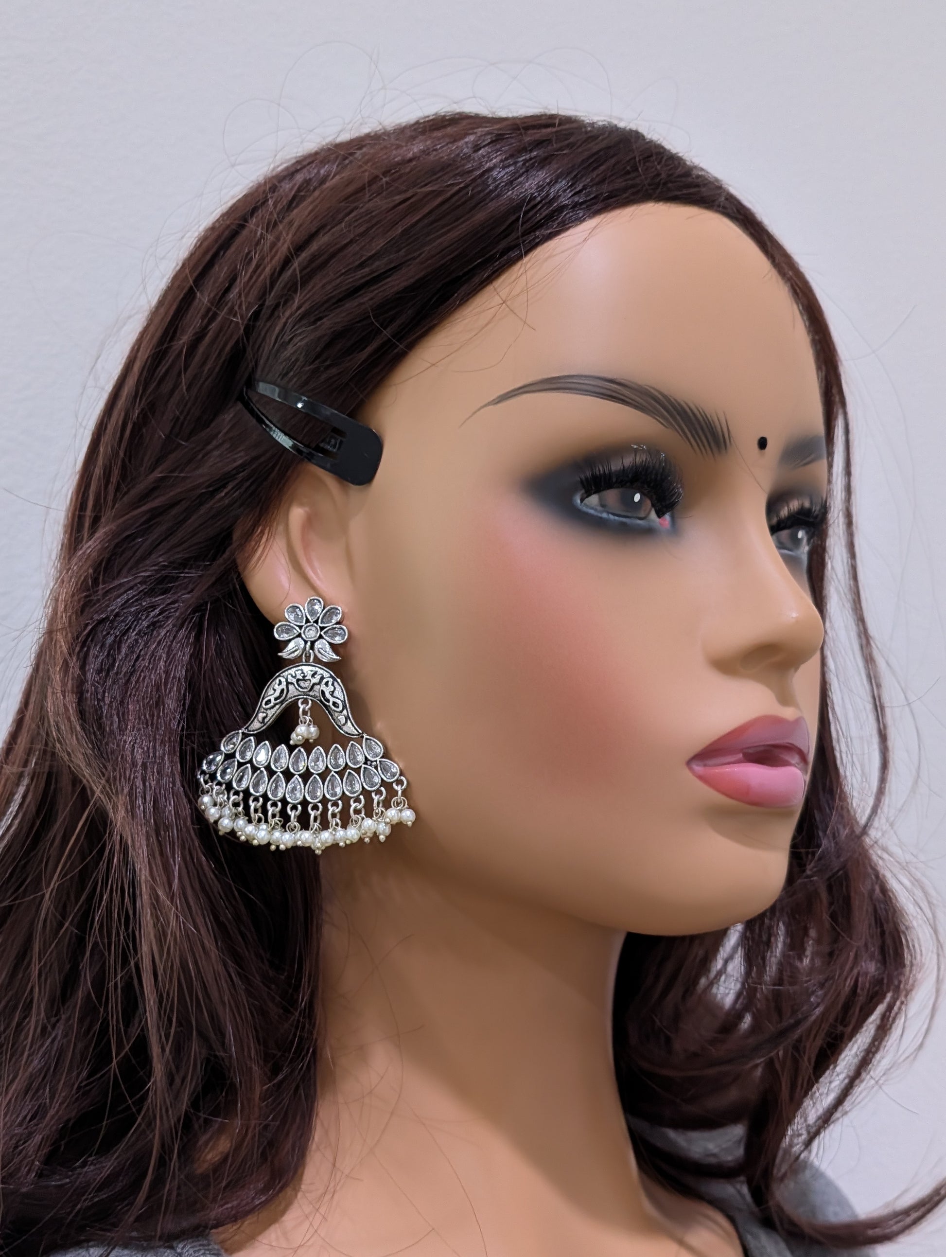 Pearl cluster bead hanging polki stone design silver oxidized earring - Simpliful