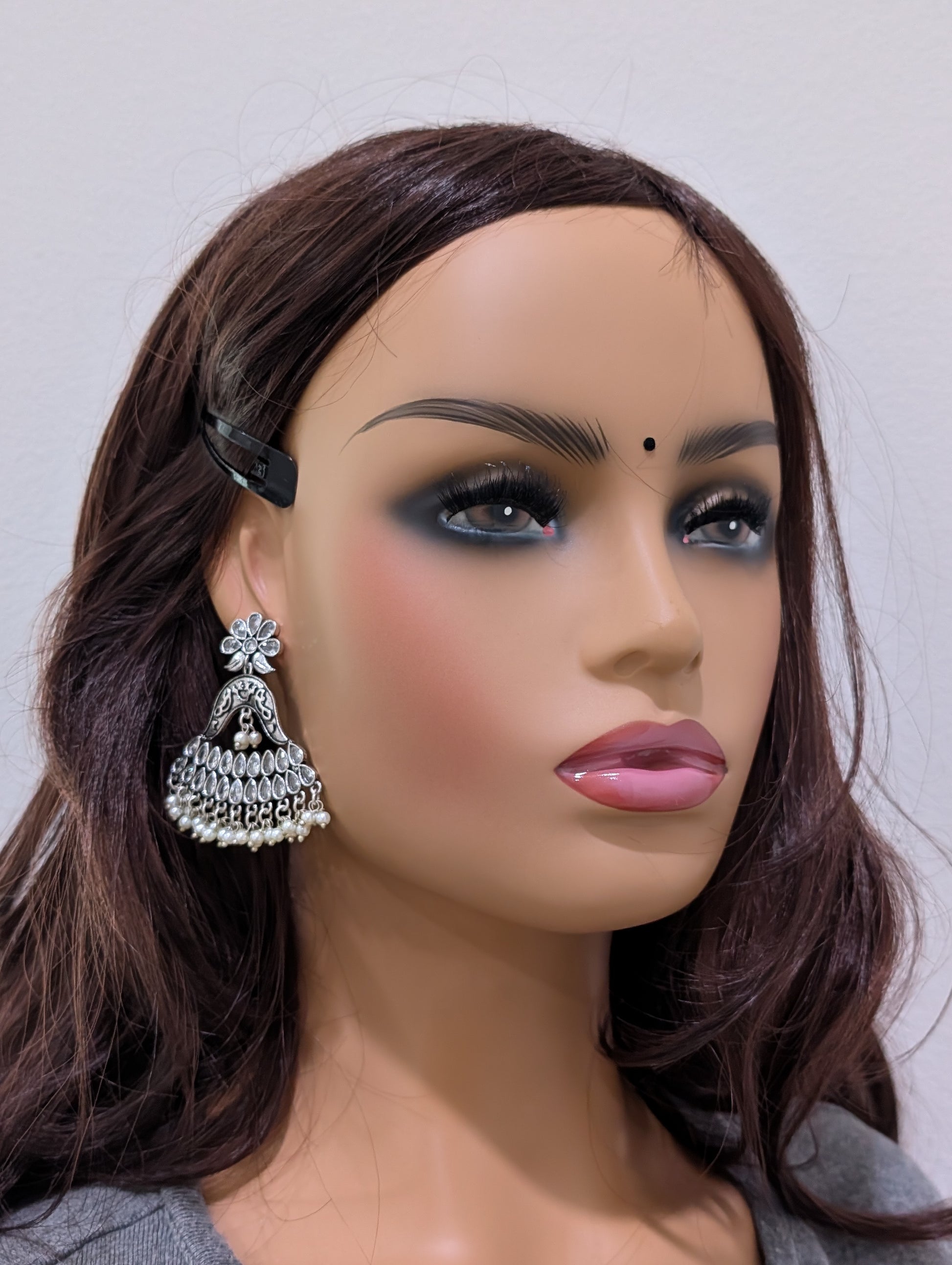 Pearl cluster bead hanging polki stone design silver oxidized earring - Simpliful