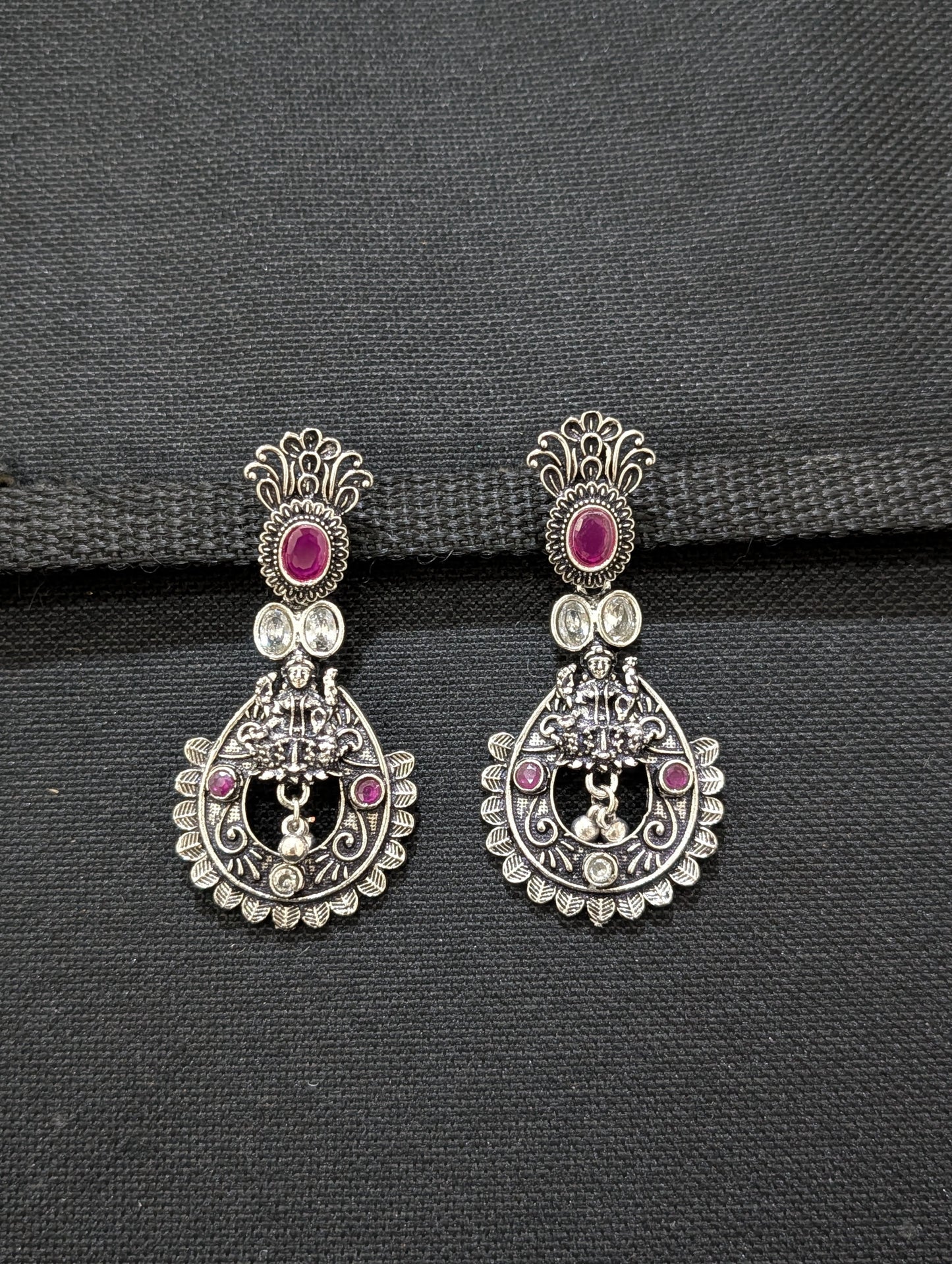 Goddess Lakshmi Black metal / Silver plating CZ stone Earrings - Simpliful