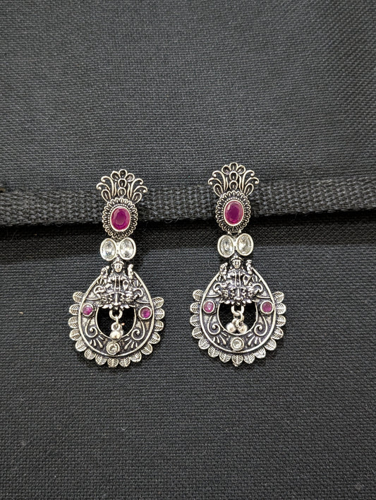 Goddess Lakshmi Black metal / Silver plating CZ stone Earrings - Simpliful