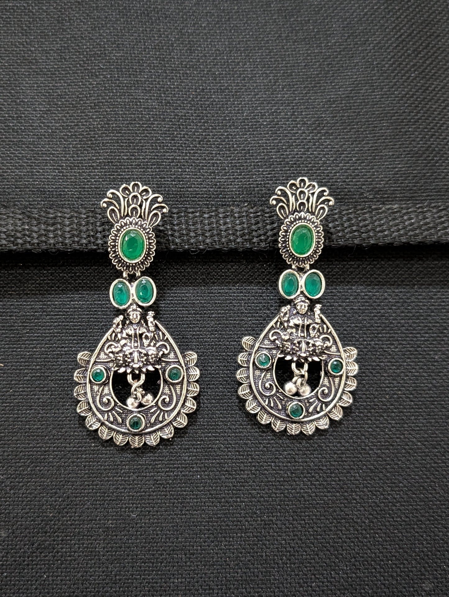 Goddess Lakshmi Black metal / Silver plating CZ stone Earrings - Simpliful