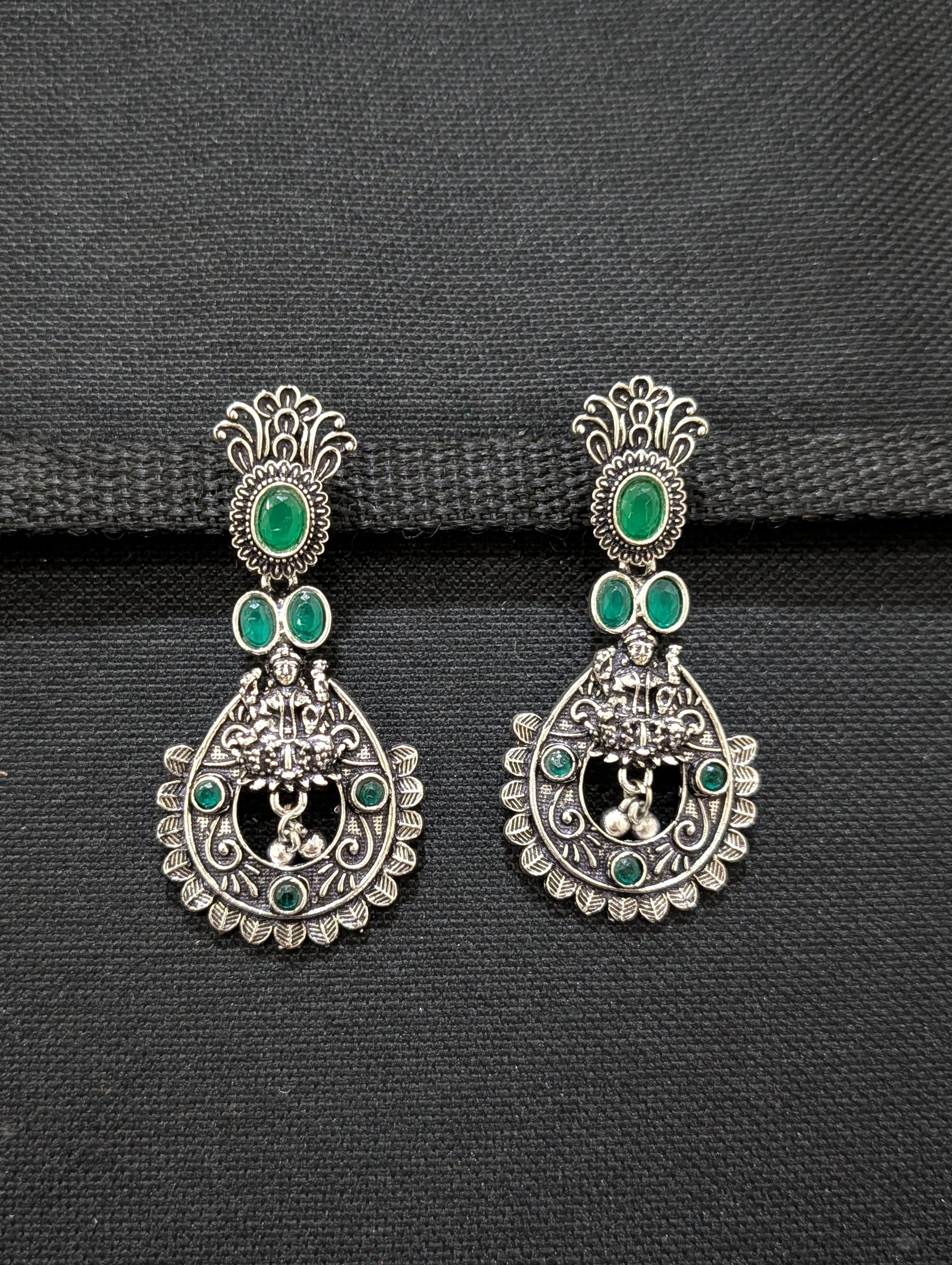 Goddess Lakshmi Black metal / Silver plating CZ stone Earrings - Simpliful