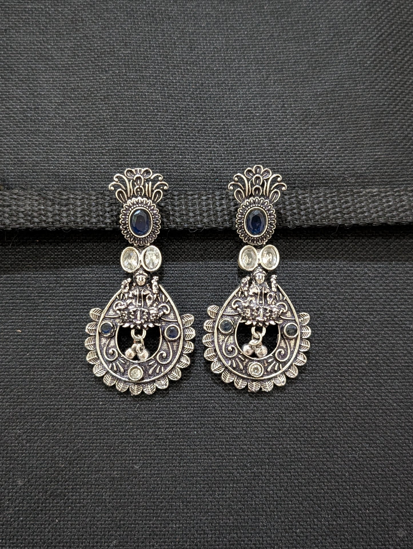 Goddess Lakshmi Black metal / Silver plating CZ stone Earrings - Simpliful