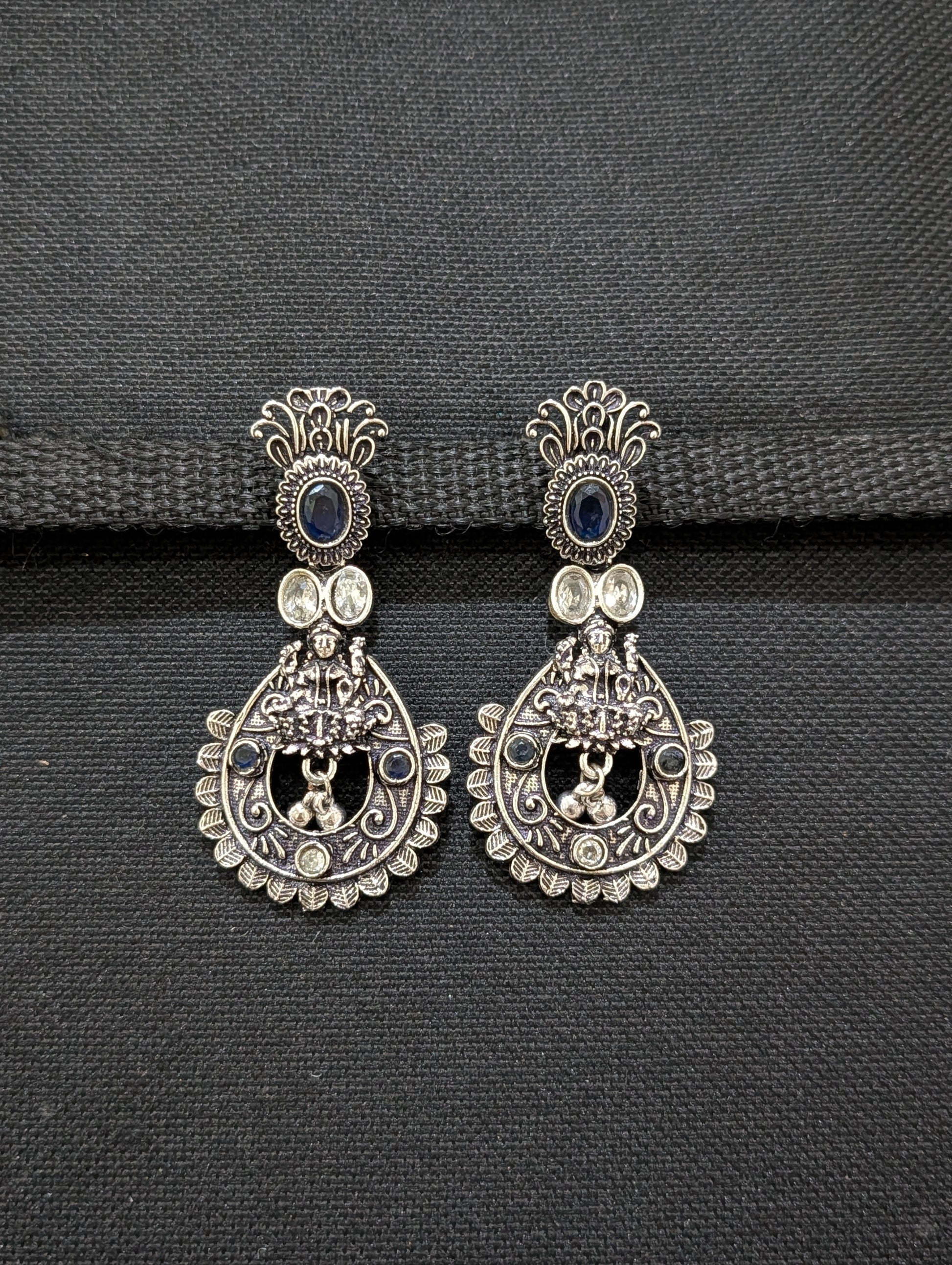 Goddess Lakshmi Black metal / Silver plating CZ stone Earrings - Simpliful
