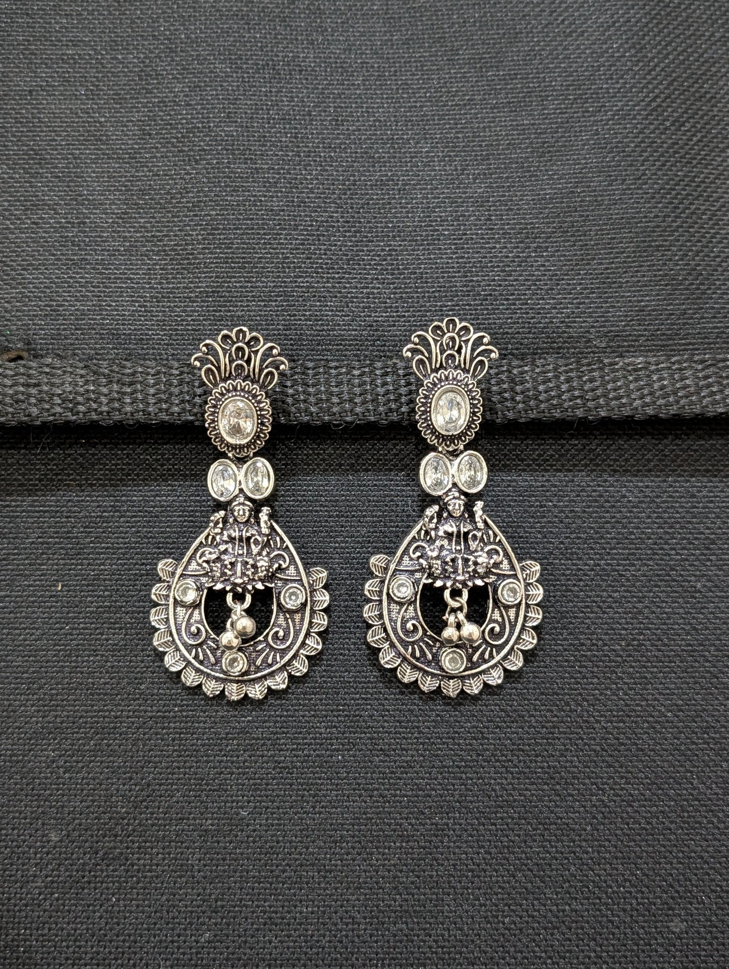 Goddess Lakshmi Black metal / Silver plating CZ stone Earrings - Simpliful