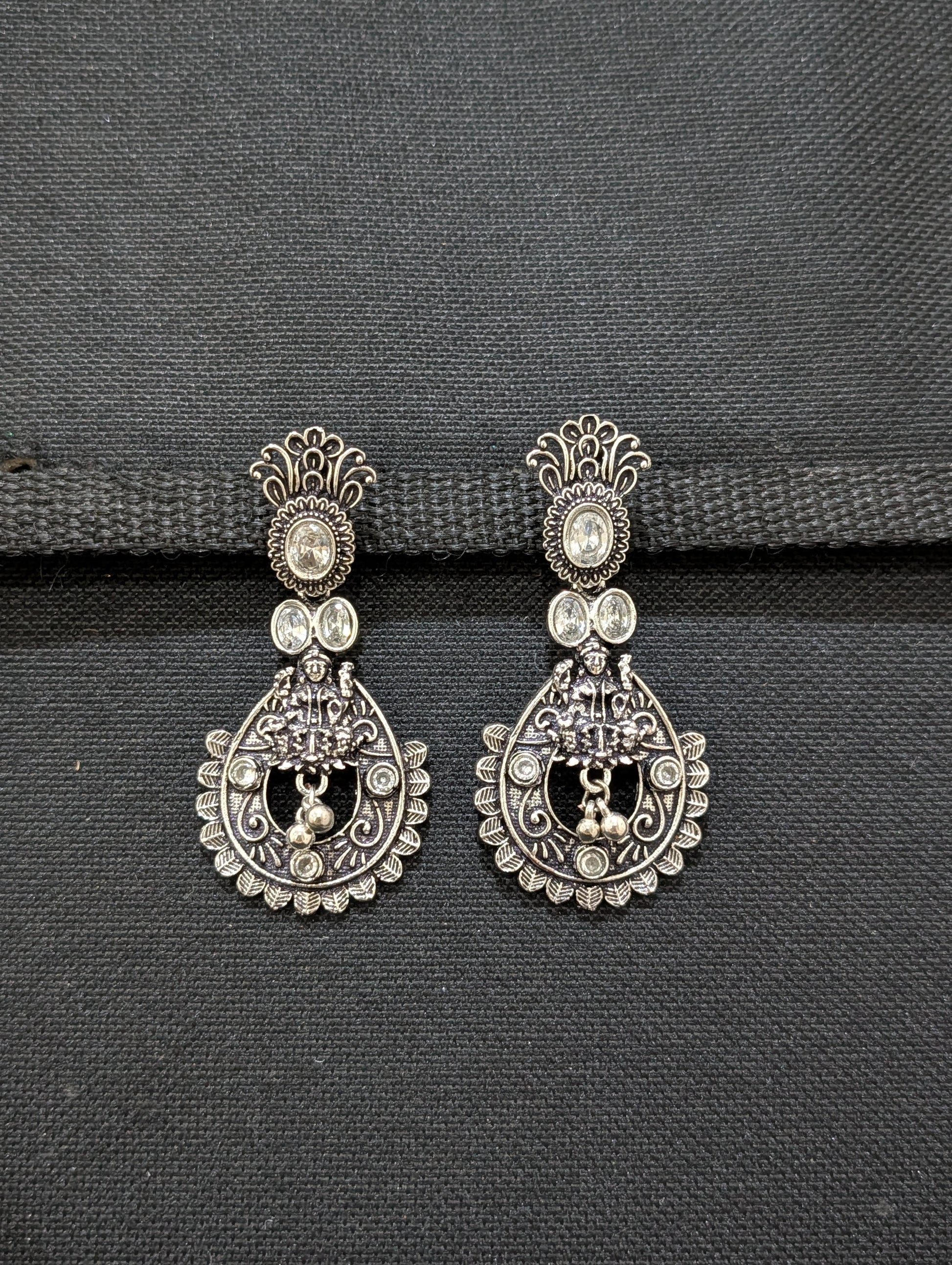 Goddess Lakshmi Black metal / Silver plating CZ stone Earrings - Simpliful