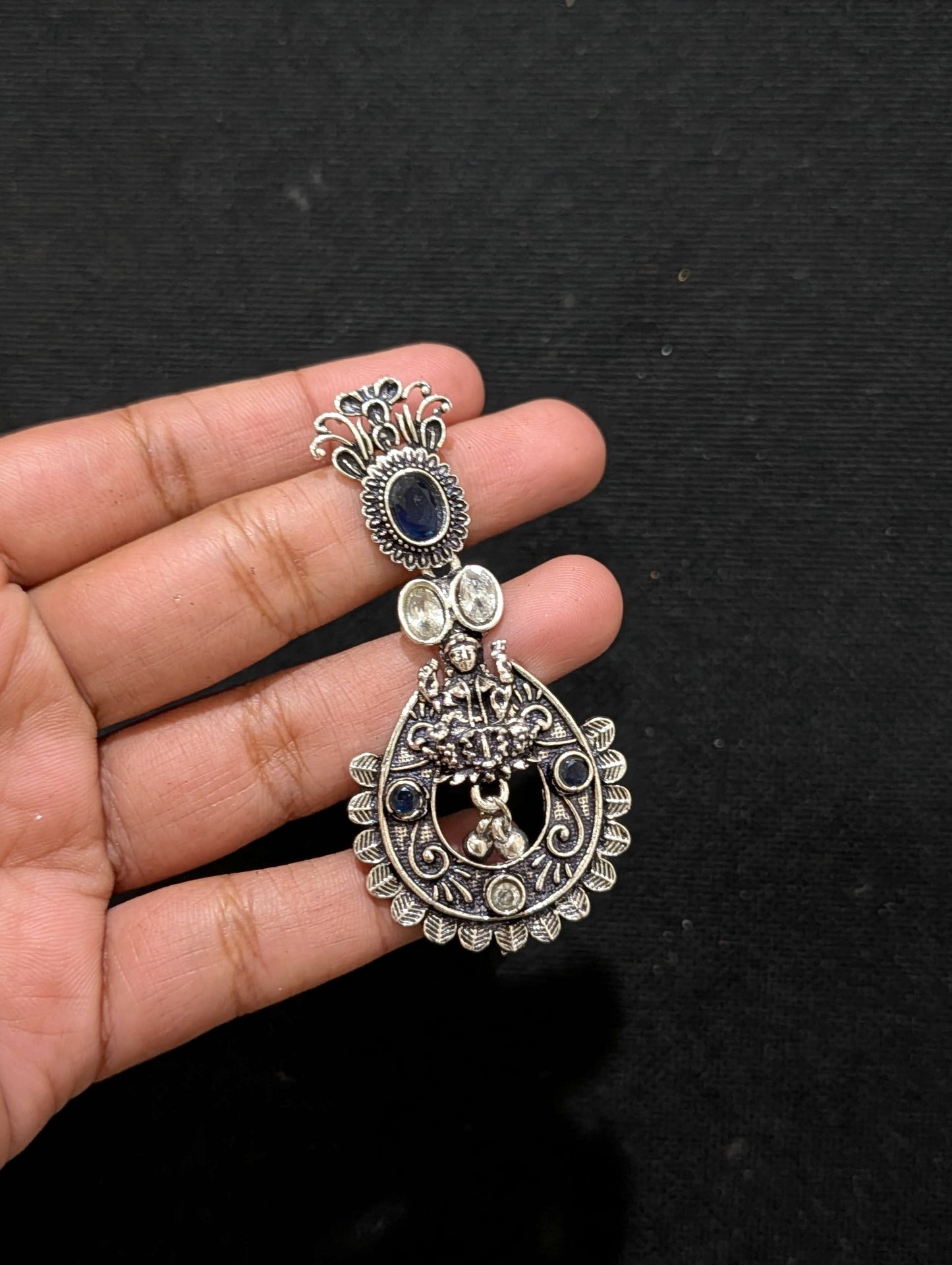 Goddess Lakshmi Black metal / Silver plating CZ stone Earrings - Simpliful