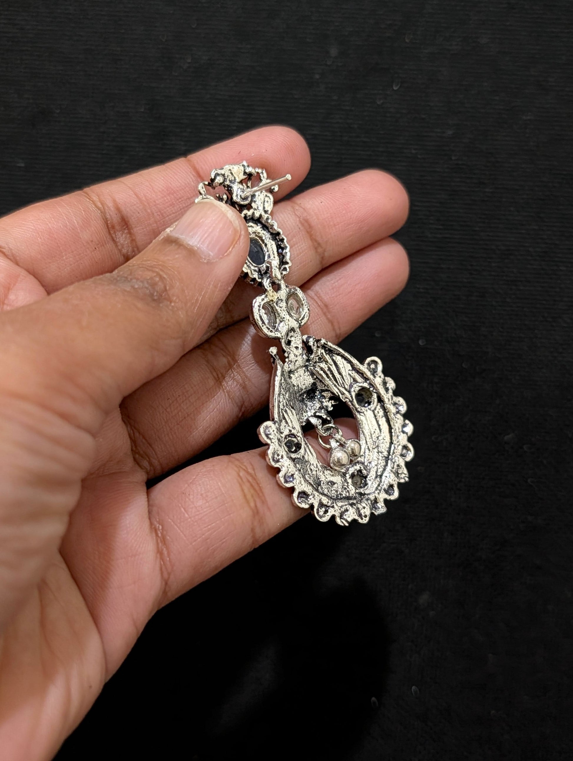 Goddess Lakshmi Black metal / Silver plating CZ stone Earrings - Simpliful