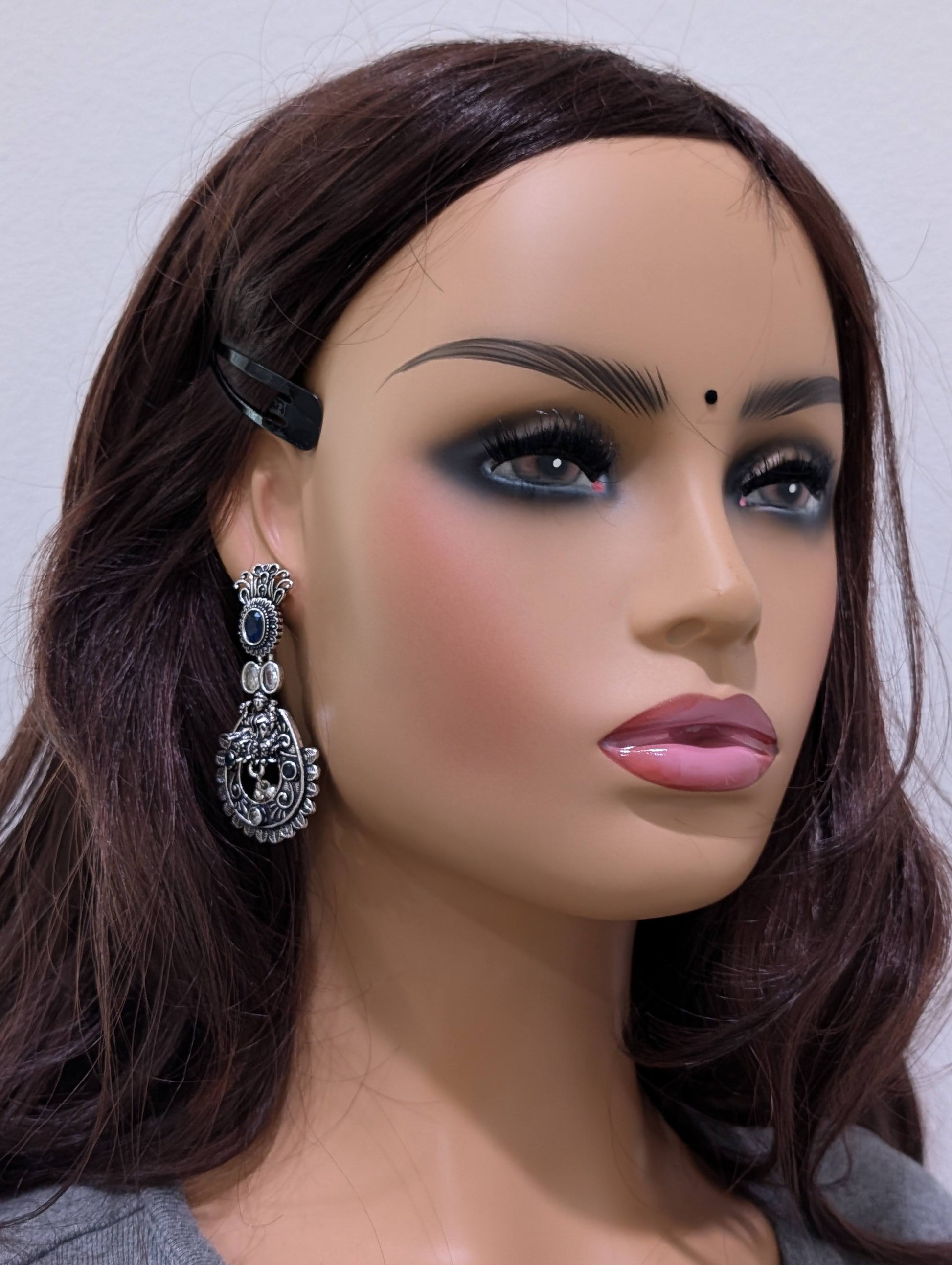 Goddess Lakshmi Black metal / Silver plating CZ stone Earrings - Simpliful