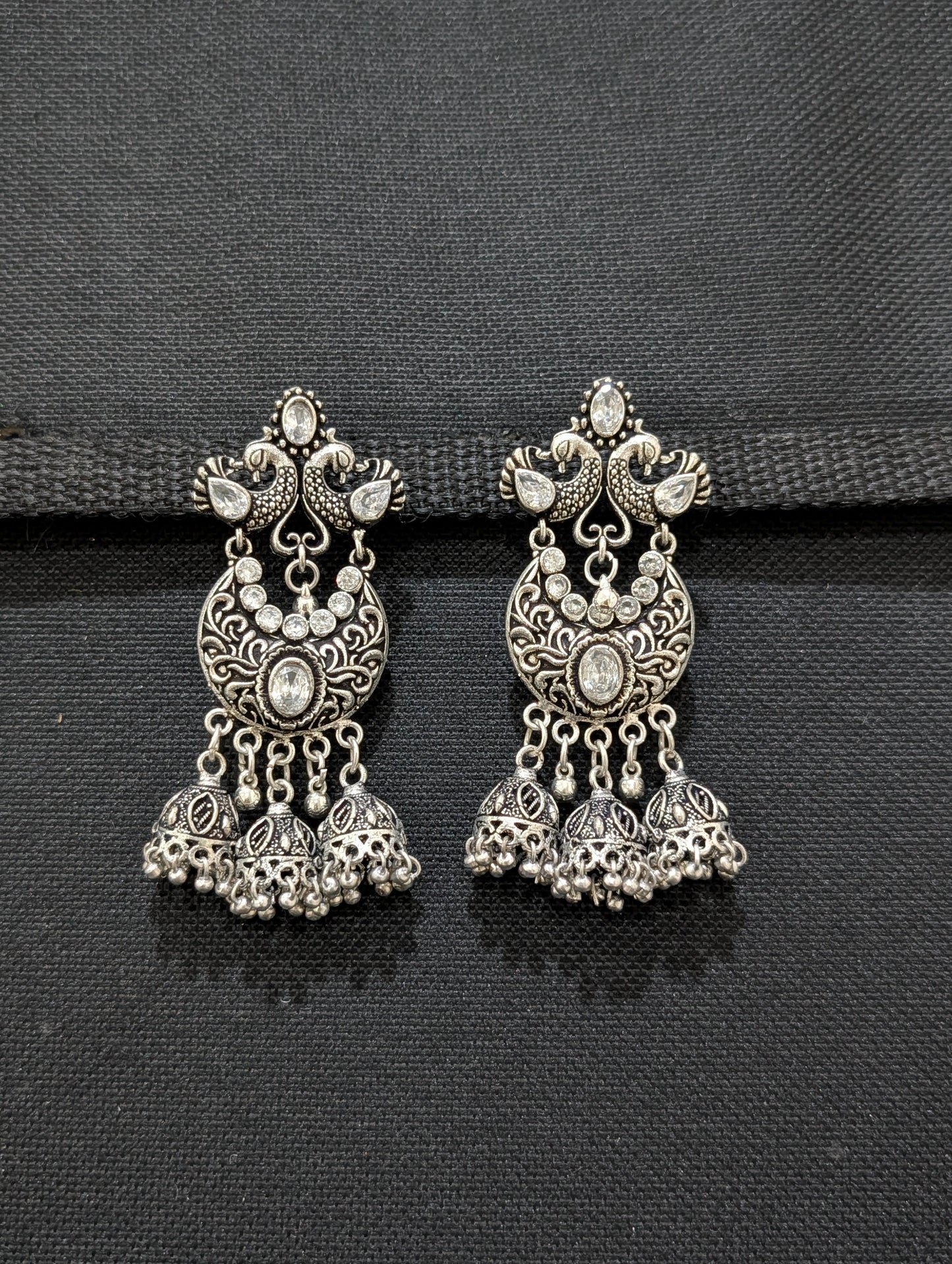 Oxidized silver White CZ Multiple jhumka Earrings - Simpliful