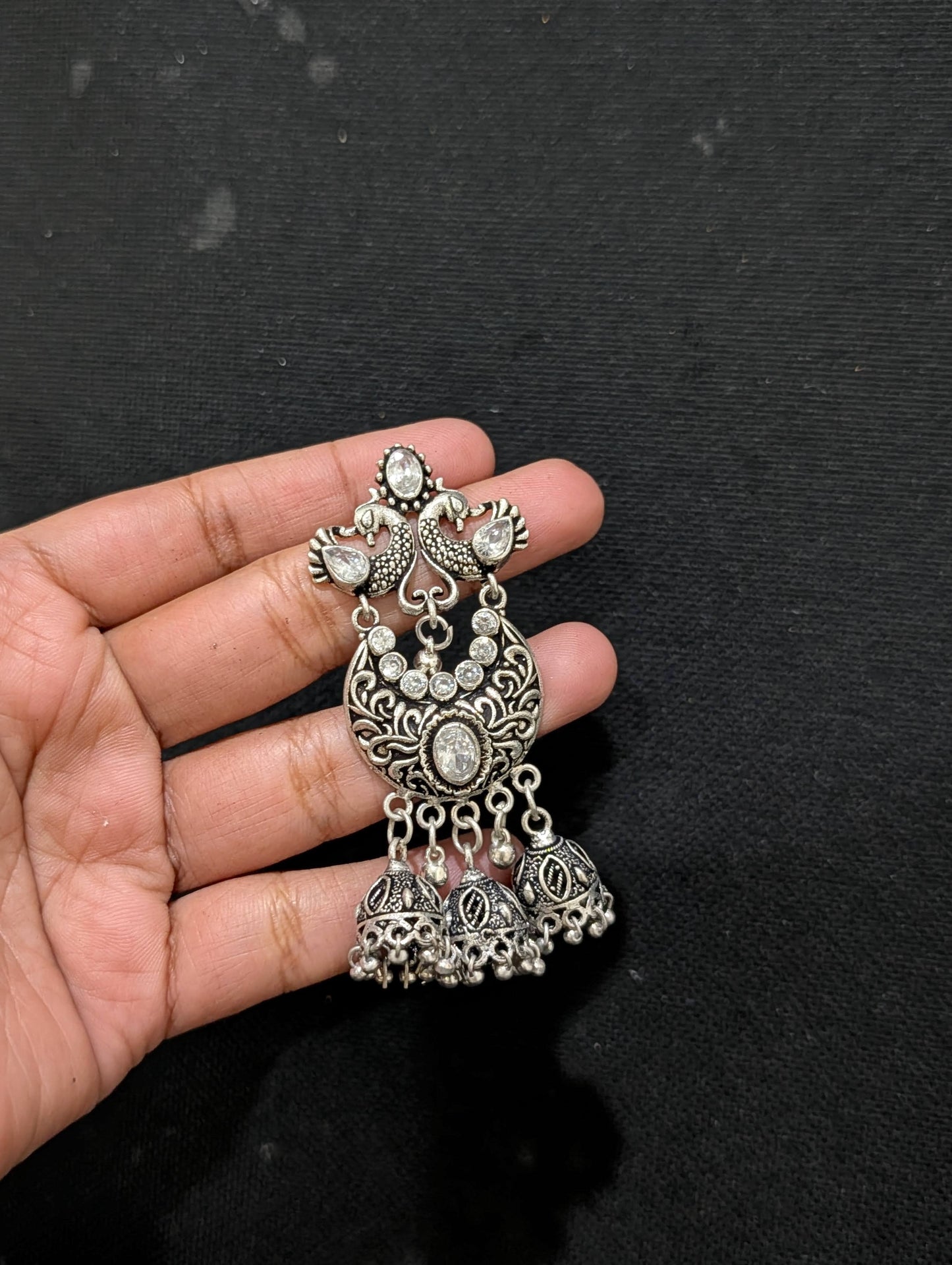 Oxidized silver White CZ Multiple jhumka Earrings - Simpliful
