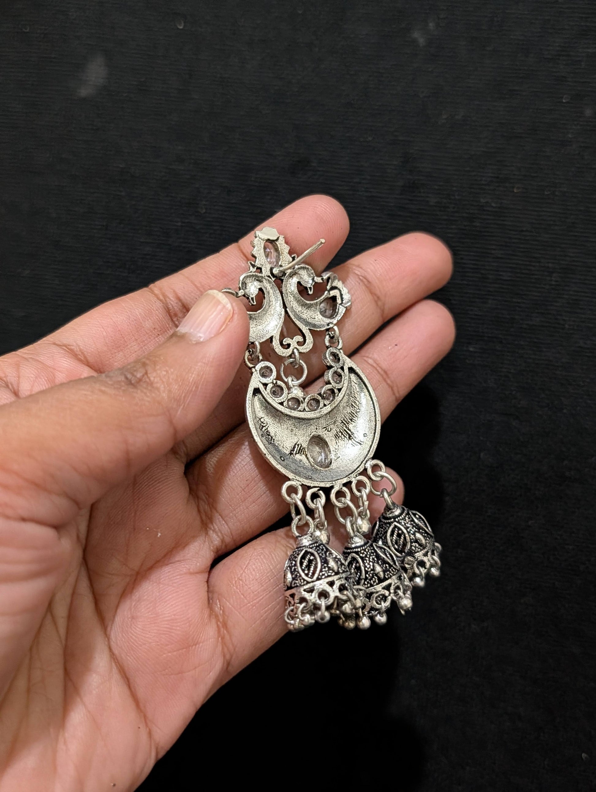 Oxidized silver White CZ Multiple jhumka Earrings - Simpliful