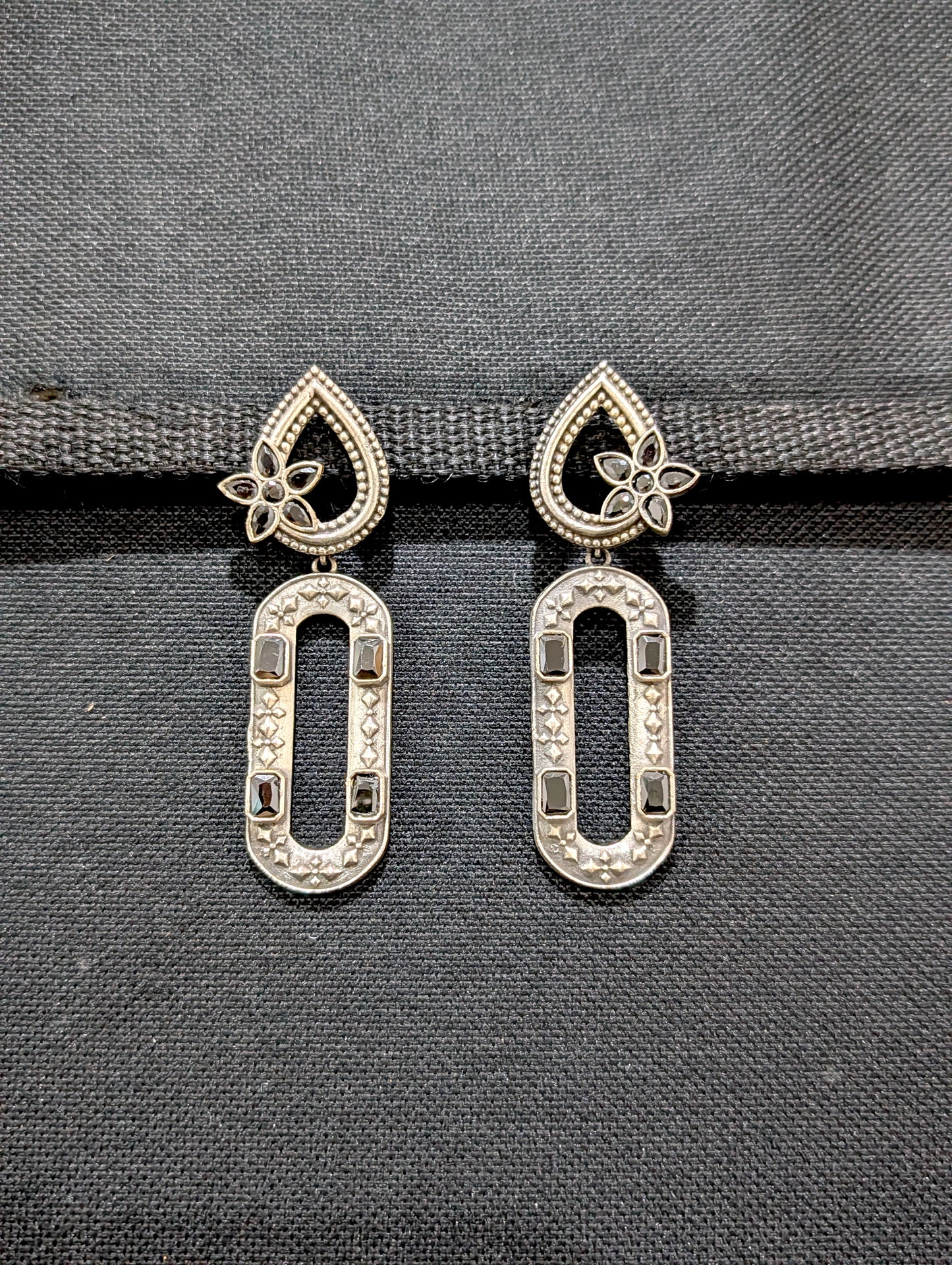 Tear drop stud with long hollow oval dangle oxidized earrings - Simpliful