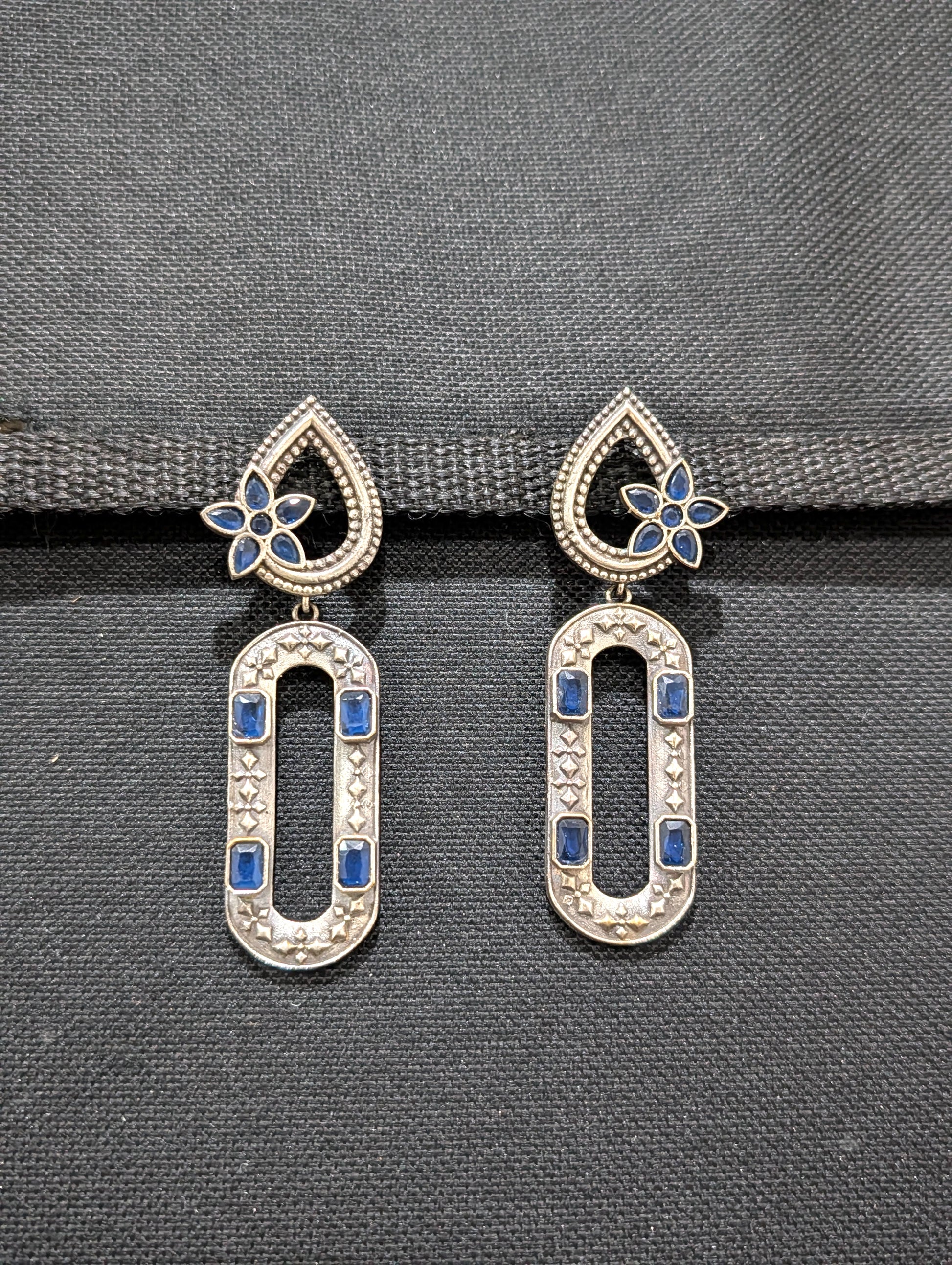 Tear drop stud with long hollow oval dangle oxidized earrings - Simpliful