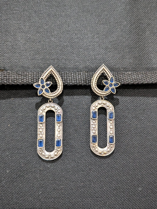 Tear drop stud with long hollow oval dangle oxidized earrings - Simpliful