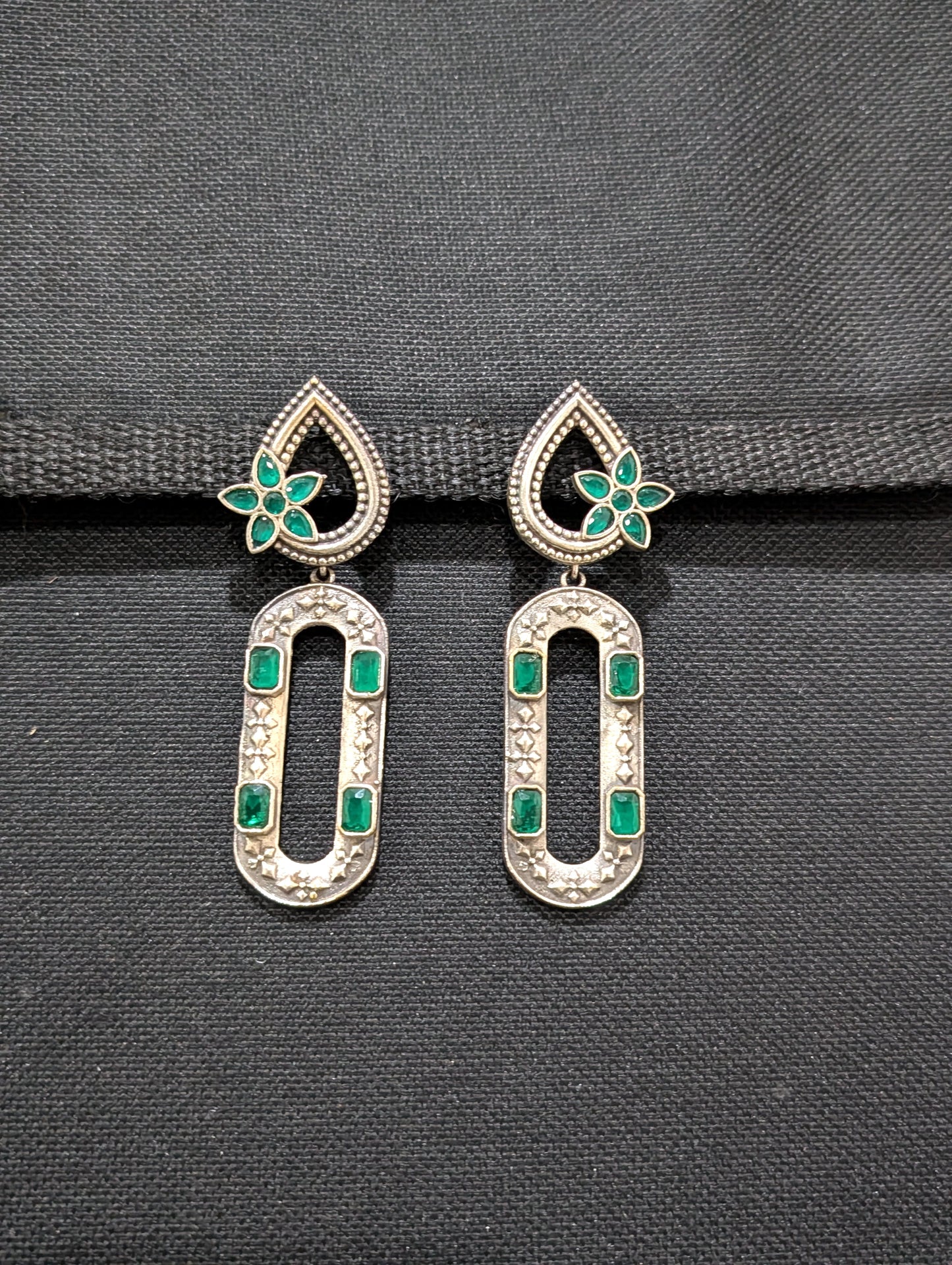 Tear drop stud with long hollow oval dangle oxidized earrings - Simpliful