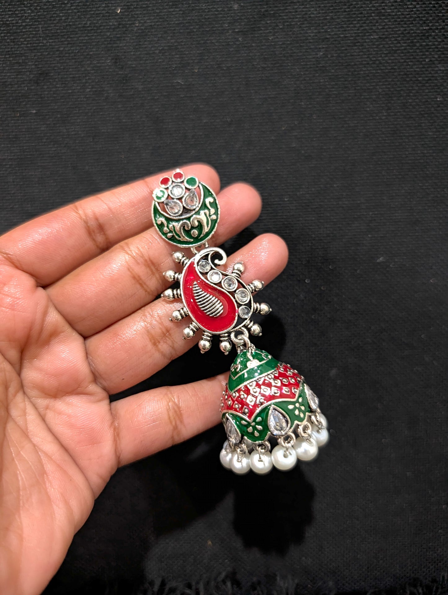 Enamel work Oxidized Silver Mango Jhumka Earrings - Simpliful