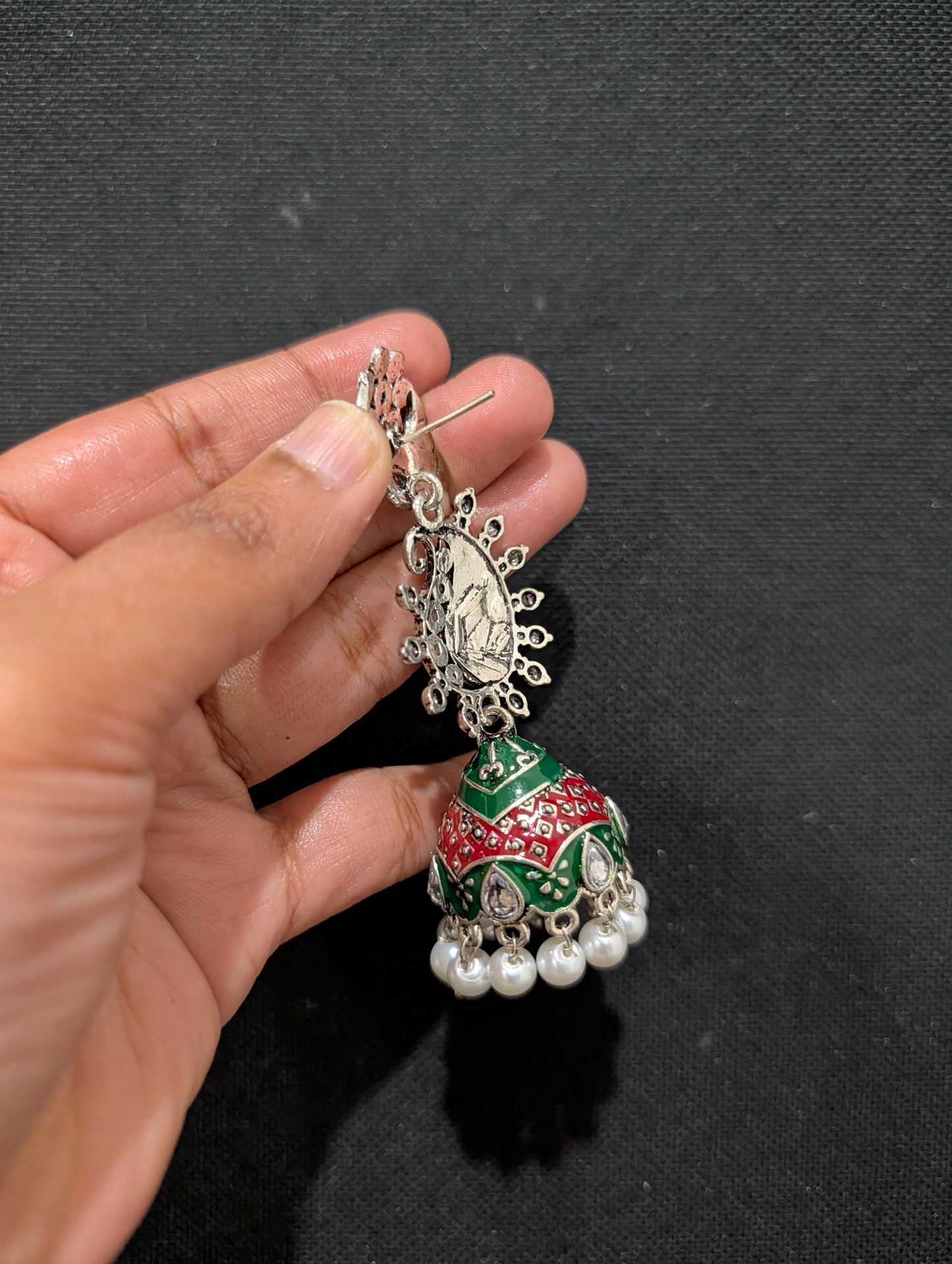 Enamel work Oxidized Silver Mango Jhumka Earrings - Simpliful