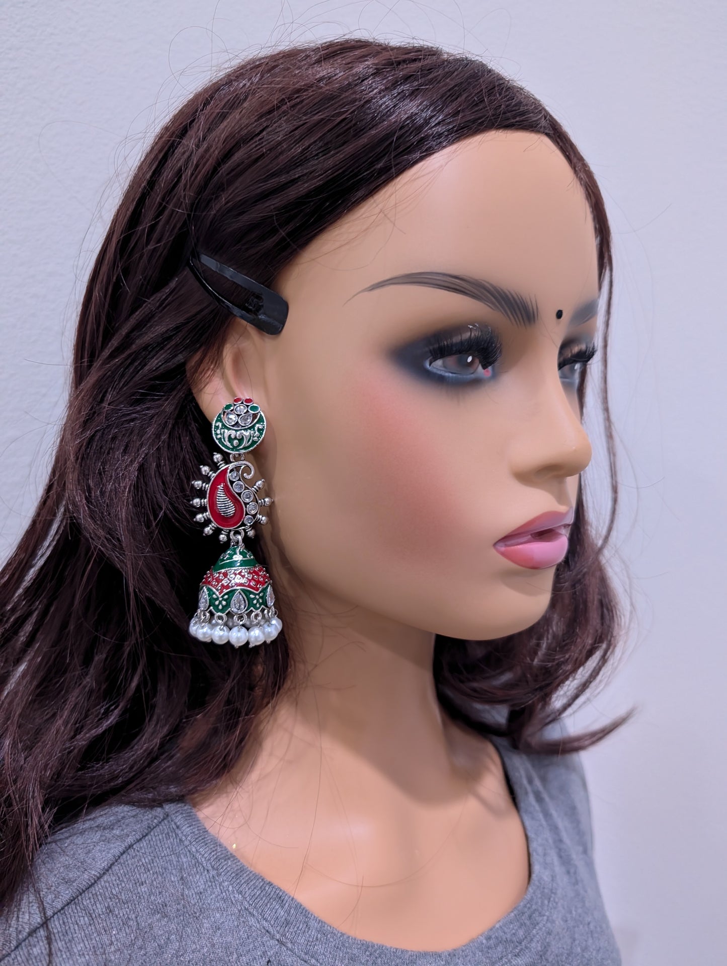 Enamel work Oxidized Silver Mango Jhumka Earrings - Simpliful