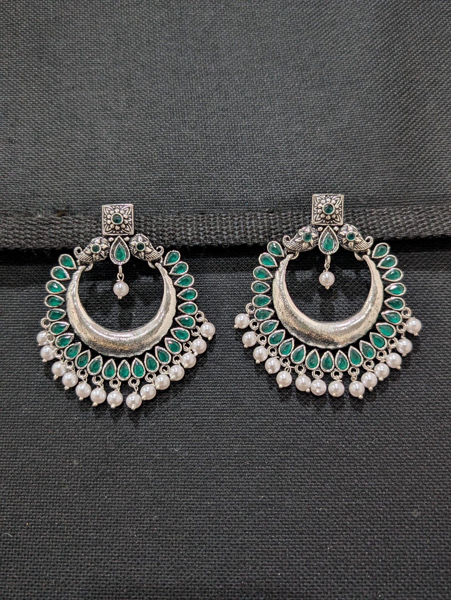 Green CZ Oxidized Silver Large Chandbali Earrings - Simpliful