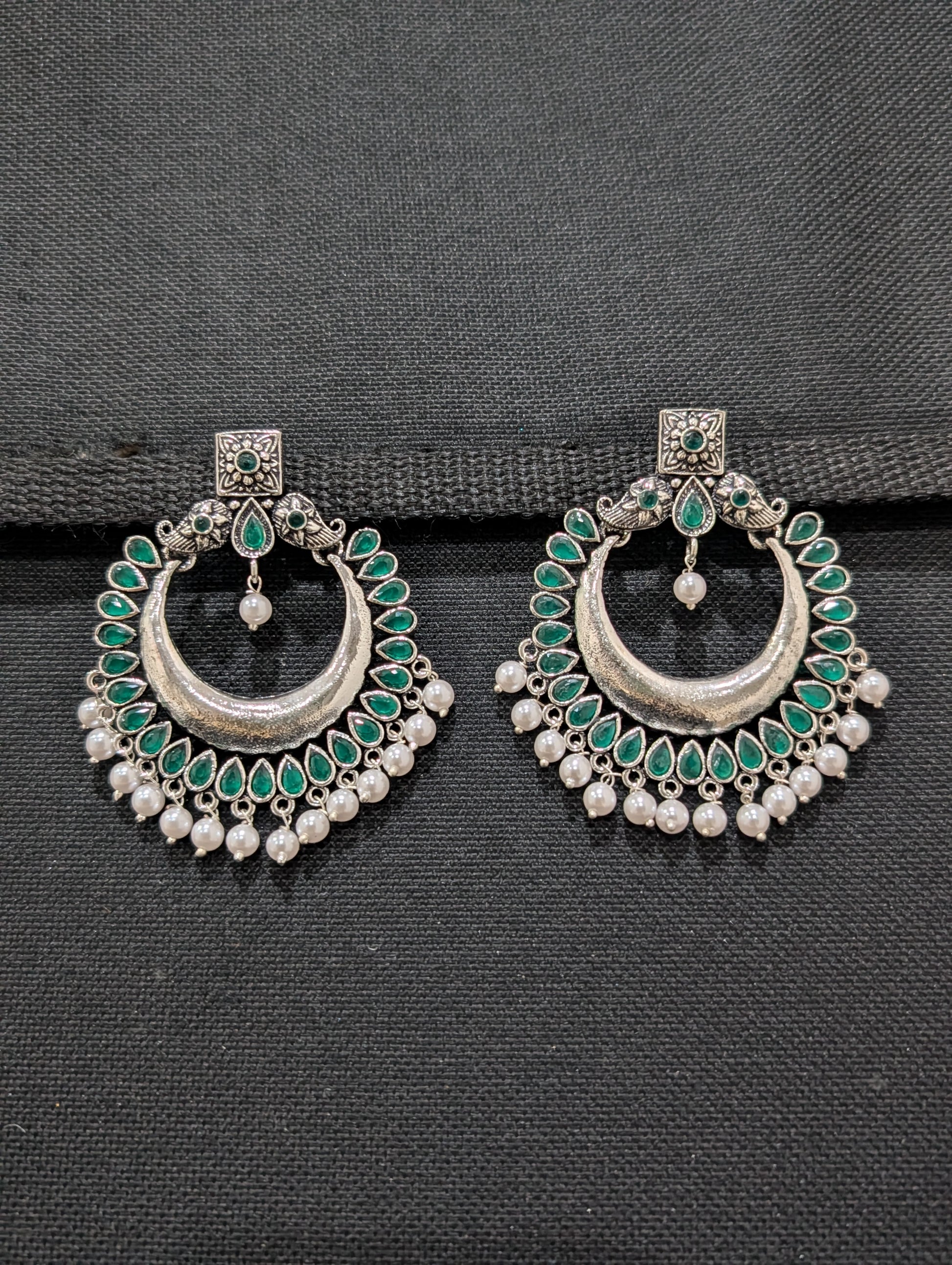 Green CZ Oxidized Silver Large Chandbali Earrings - Simpliful