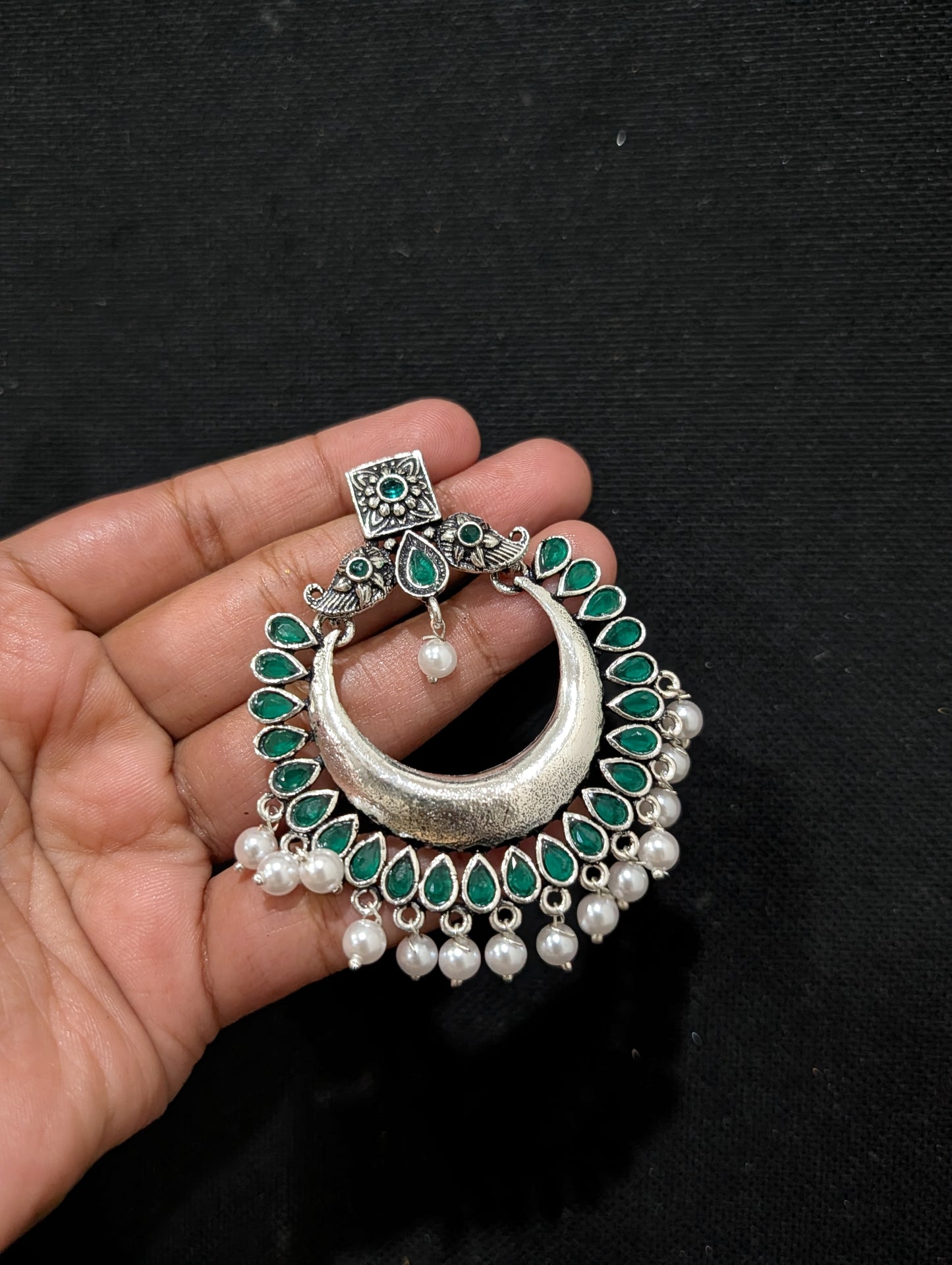 Green CZ Oxidized Silver Large Chandbali Earrings - Simpliful