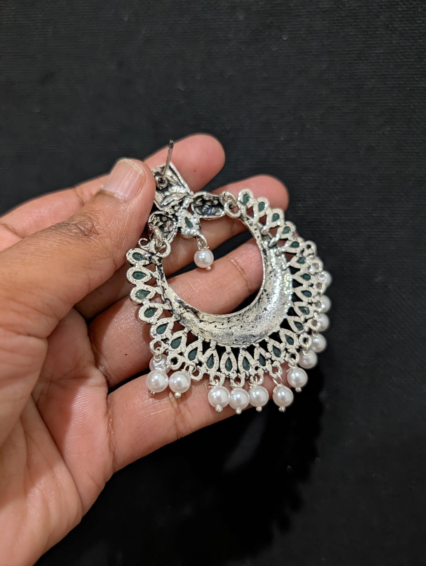 Green CZ Oxidized Silver Large Chandbali Earrings - Simpliful