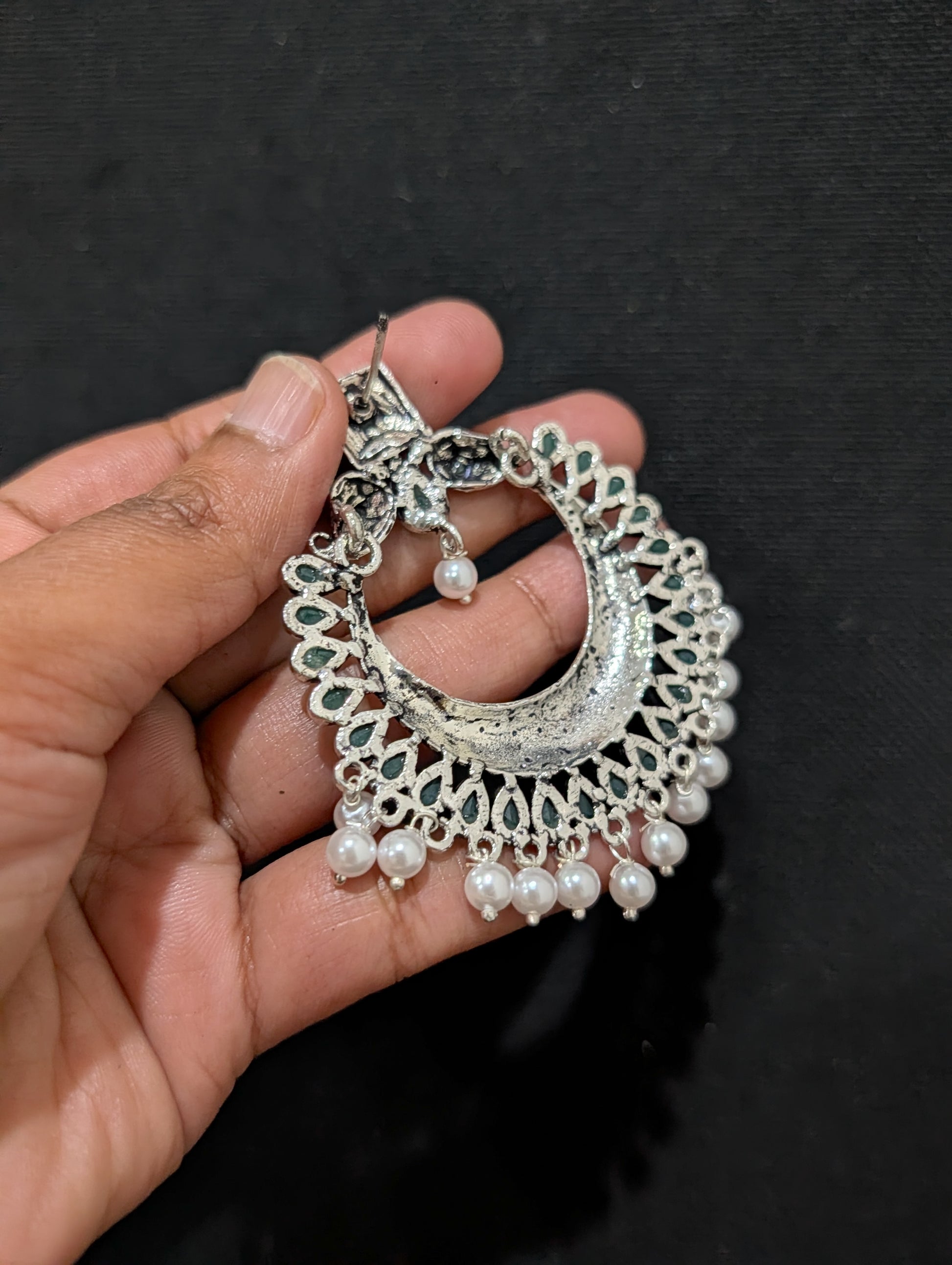 Green CZ Oxidized Silver Large Chandbali Earrings - Simpliful