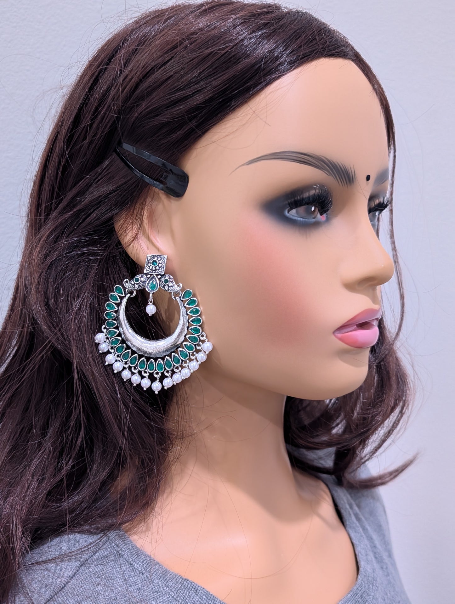 Green CZ Oxidized Silver Large Chandbali Earrings - Simpliful