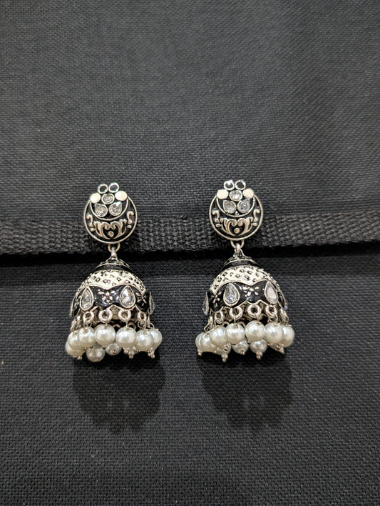 Enamel work Oxidized Silver Jhumka Earrings