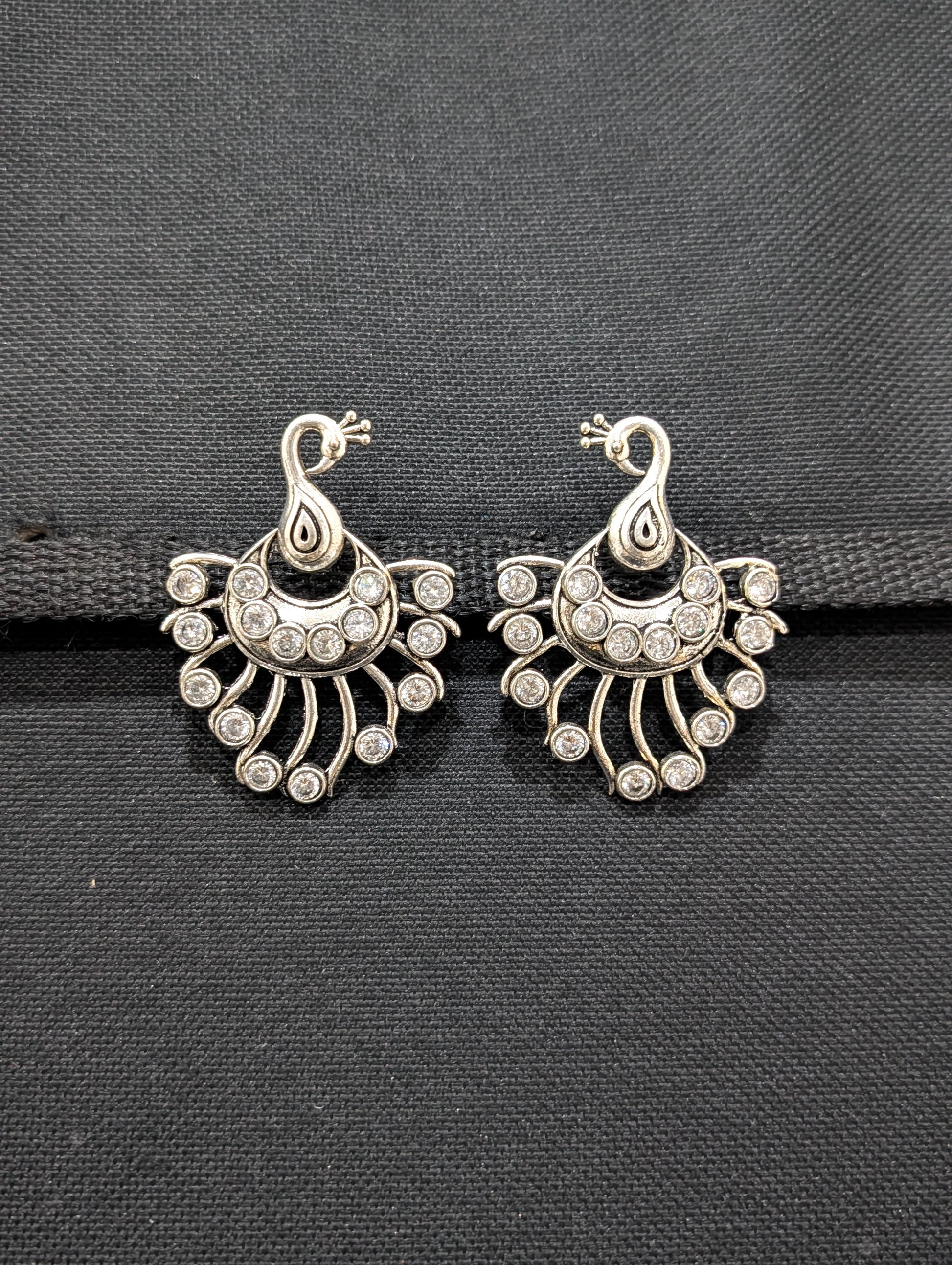 Peacock design Bright silver polki stone Large stud earrings - Simpliful