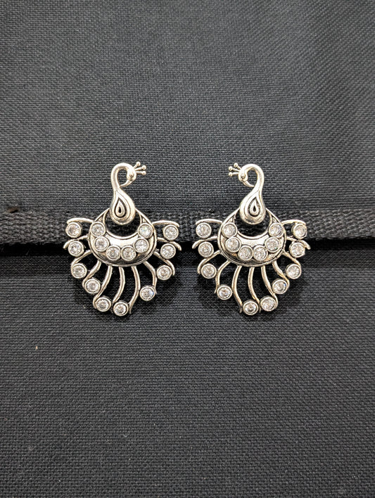 Peacock design Bright silver polki stone Large stud earrings - Simpliful