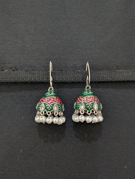 Silver plated Enamel Hook drop jhumka Earrings