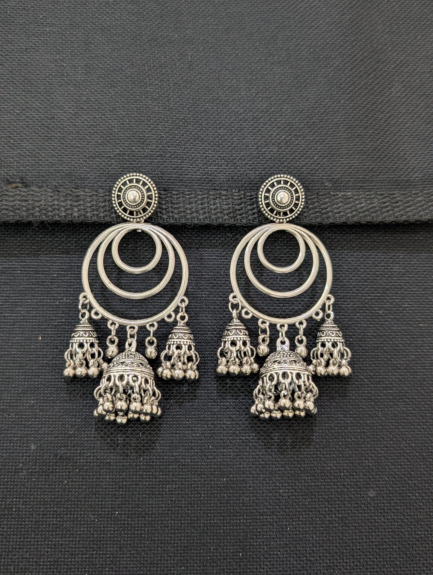 Multiple jhumka hanging Oxidized Silver Long earrings - 3 different designs - Simpliful