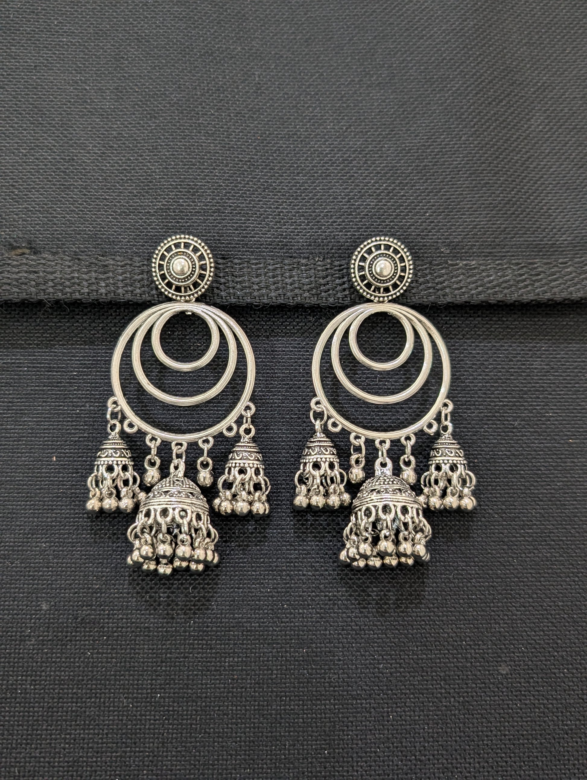 Multiple jhumka hanging Oxidized Silver Long earrings - 3 different designs - Simpliful