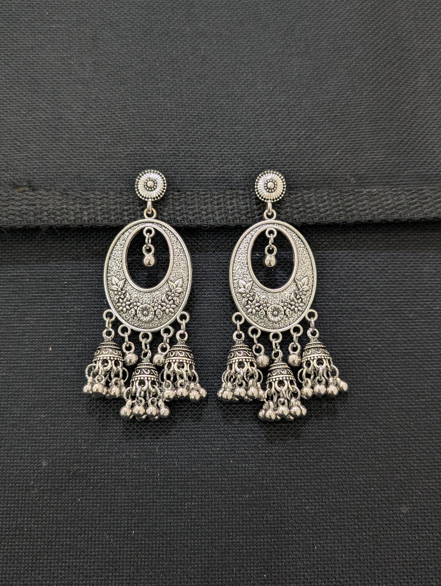 Multiple jhumka hanging Oxidized Silver Long earrings - 3 different designs - Simpliful