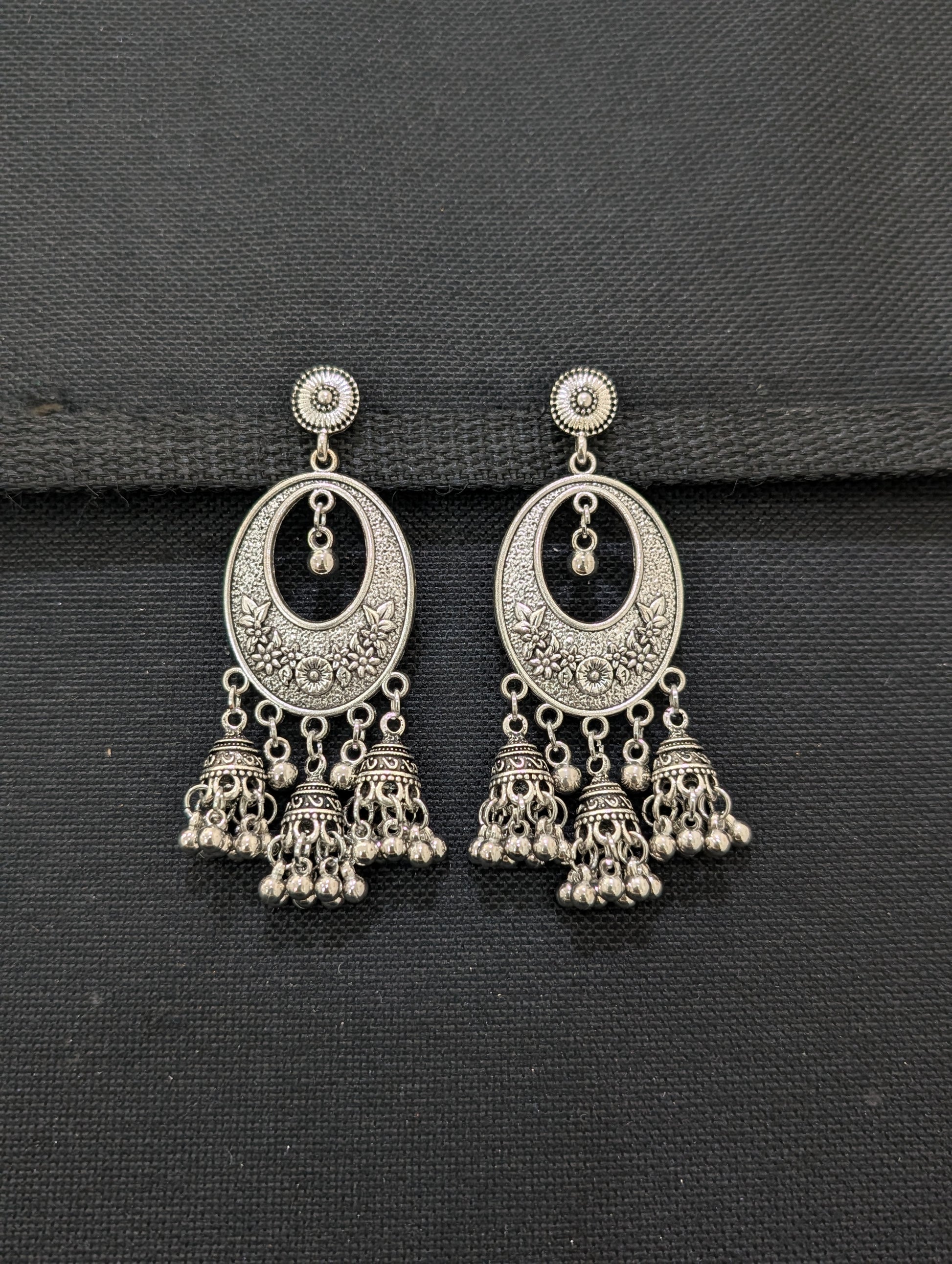 Multiple jhumka hanging Oxidized Silver Long earrings - 3 different designs - Simpliful