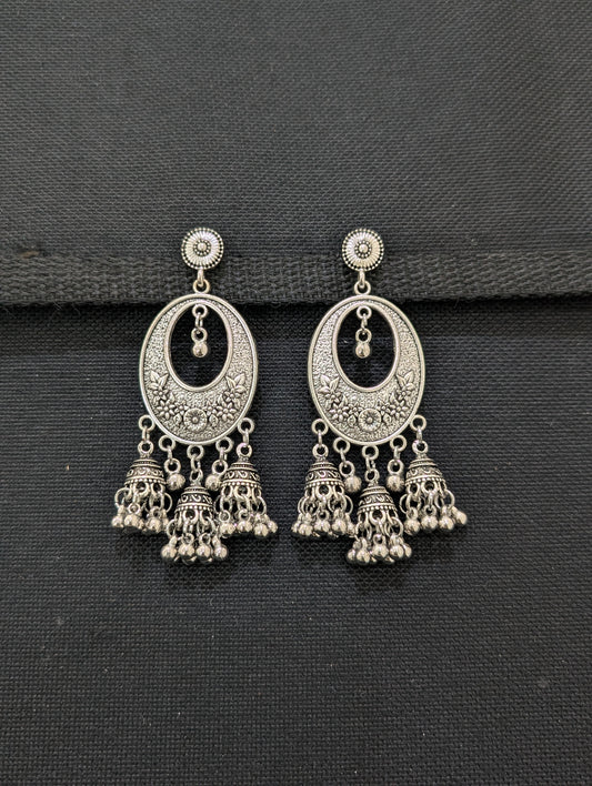 Multiple jhumka hanging Oxidized Silver Long earrings - 3 different designs - Simpliful