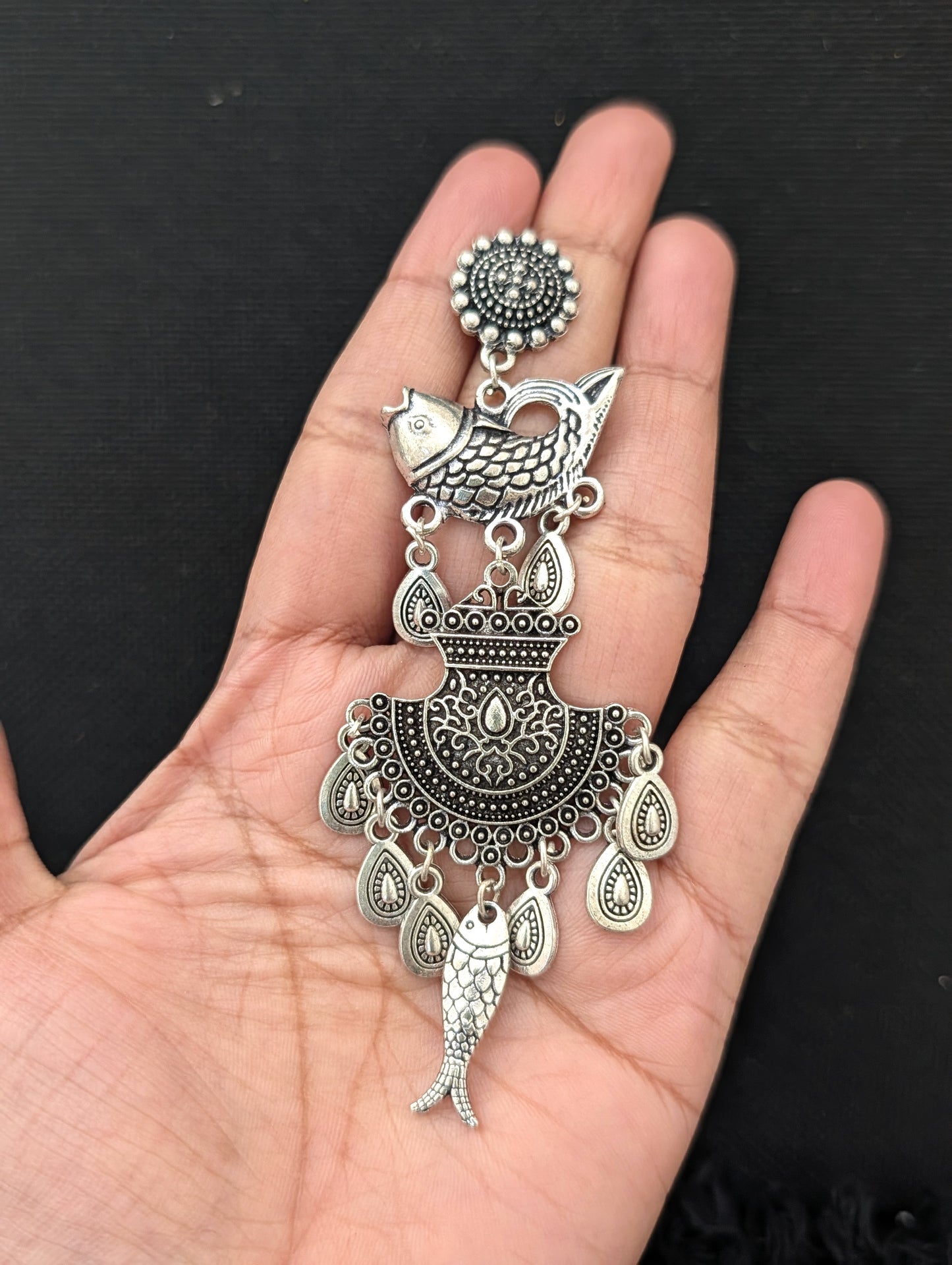 Funky Oxidized Silver Long earrings - Simpliful